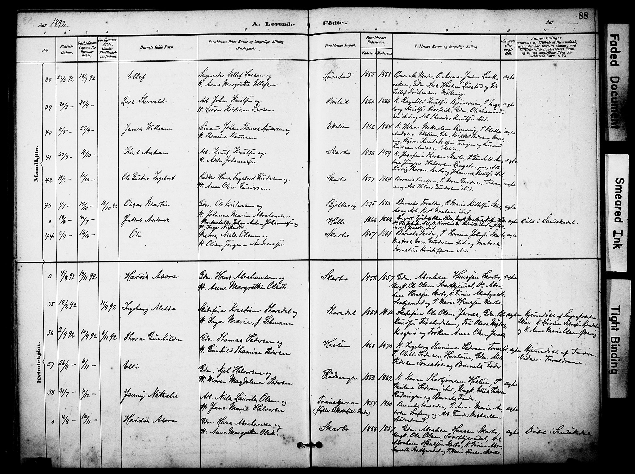 Skåtøy kirkebøker, AV/SAKO-A-304/F/Fa/L0002: Parish register (official) no. I 2, 1884-1899, p. 88