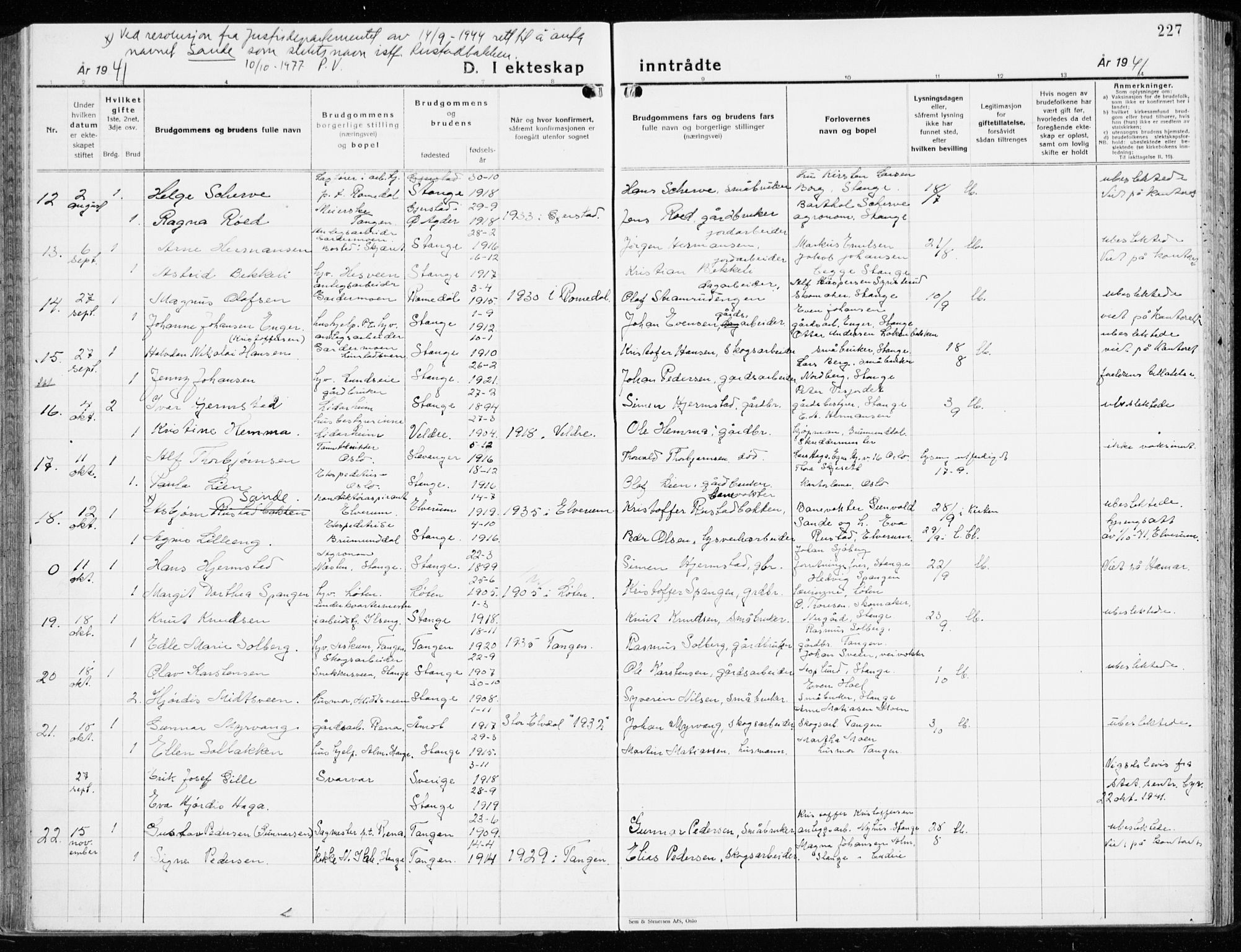 Stange prestekontor, AV/SAH-PREST-002/K/L0027: Parish register (official) no. 27, 1937-1947, p. 227