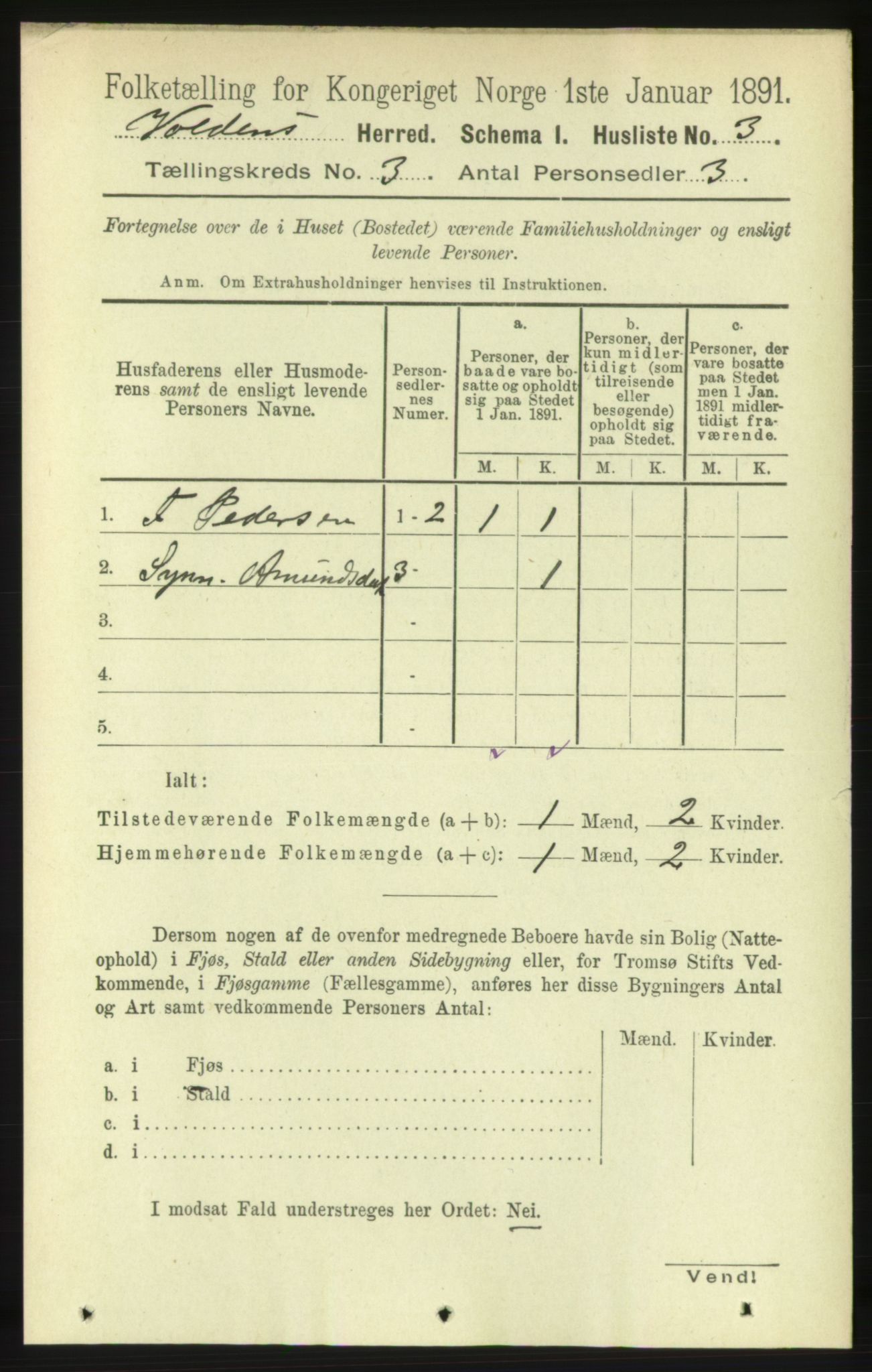 RA, 1891 census for 1519 Volda, 1891, p. 1605