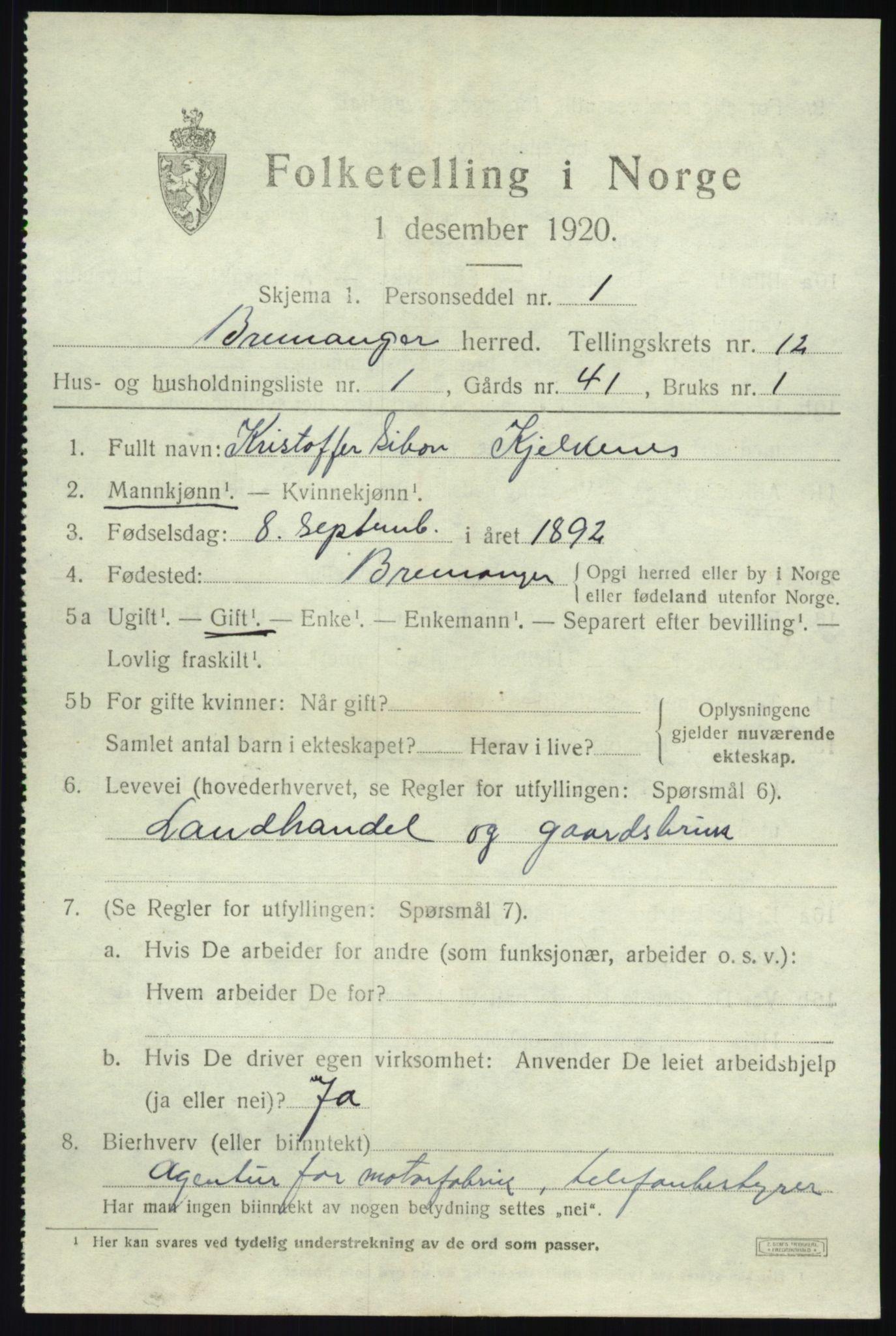 SAB, 1920 census for Bremanger, 1920, p. 6456