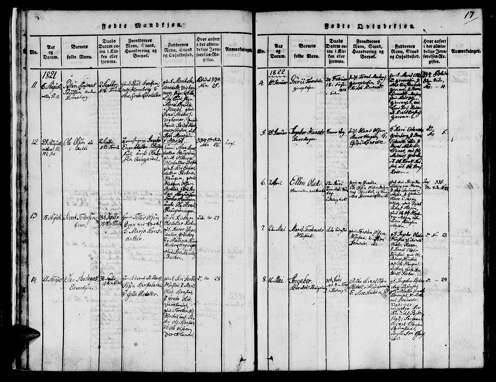 Ministerialprotokoller, klokkerbøker og fødselsregistre - Sør-Trøndelag, SAT/A-1456/616/L0420: Parish register (copy) no. 616C03, 1817-1835, p. 17