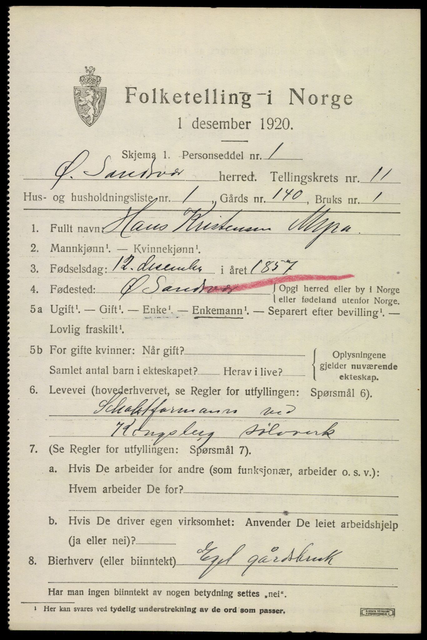 SAKO, 1920 census for Øvre Sandsvær, 1920, p. 5730