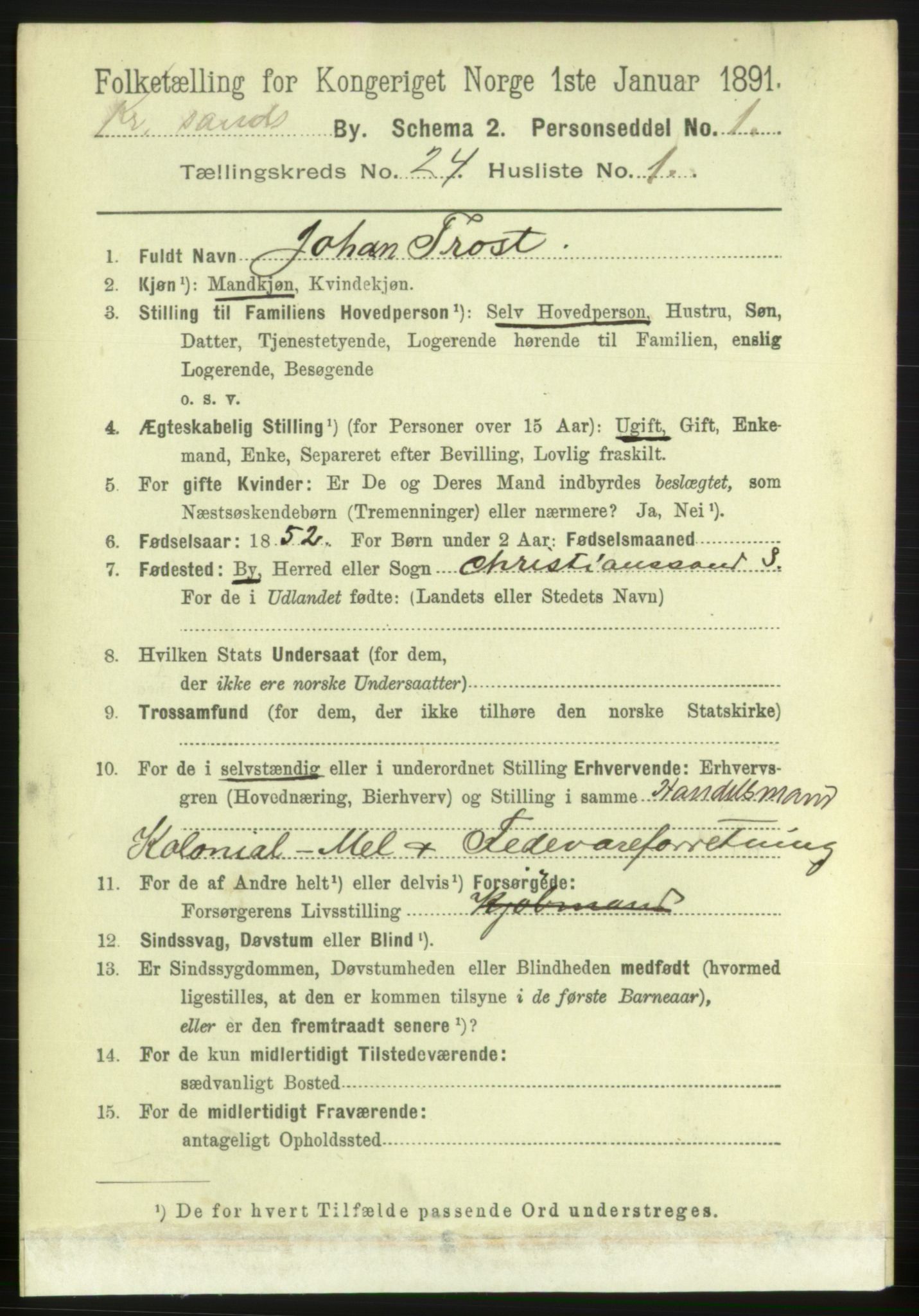 RA, 1891 census for 1001 Kristiansand, 1891, p. 8544