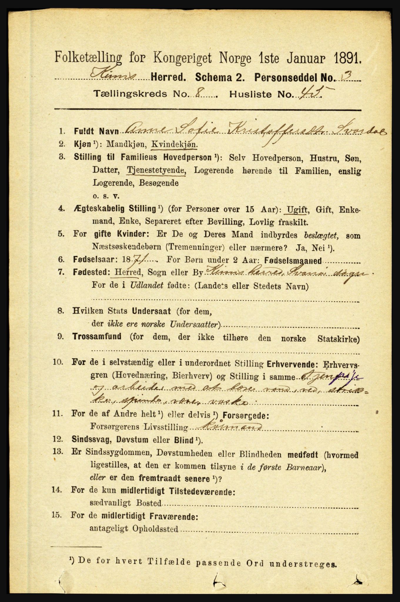 RA, 1891 census for 1437 Kinn, 1891, p. 3390