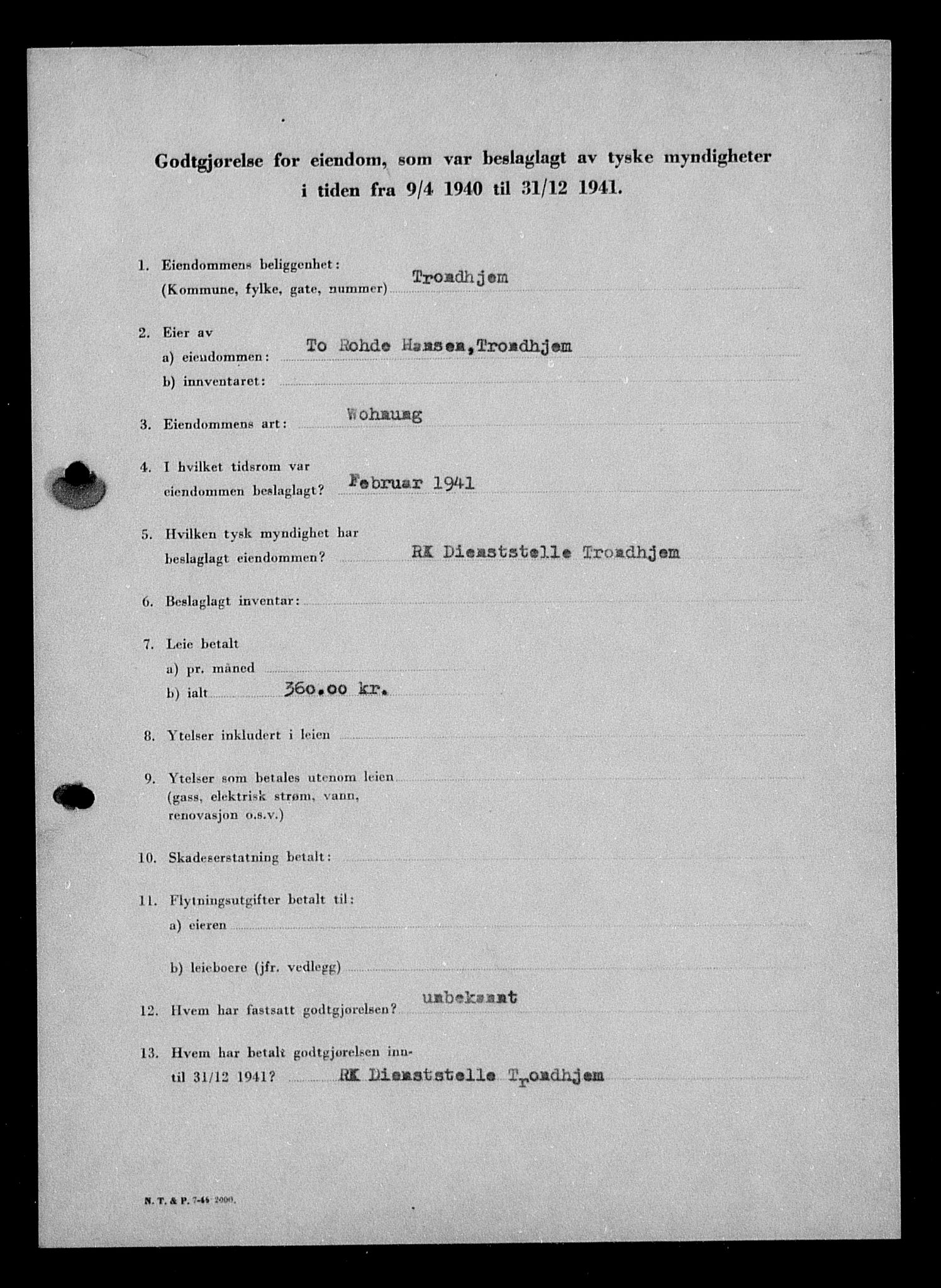 Justisdepartementet, Tilbakeføringskontoret for inndratte formuer, AV/RA-S-1564/I/L1018: Godtgjørelse for beslaglagt eiendom, 1940-1941, p. 58