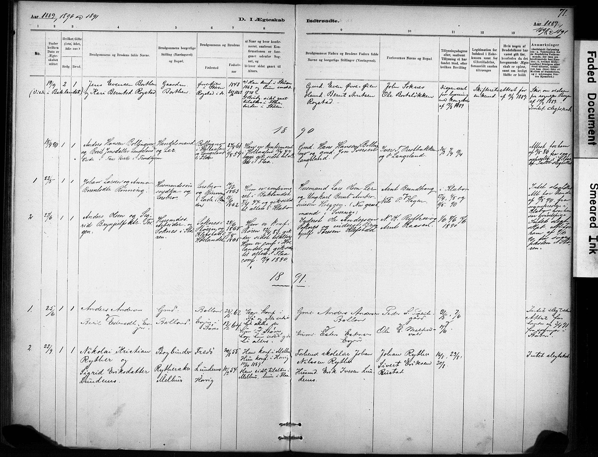 Ministerialprotokoller, klokkerbøker og fødselsregistre - Sør-Trøndelag, SAT/A-1456/693/L1119: Parish register (official) no. 693A01, 1887-1905, p. 71