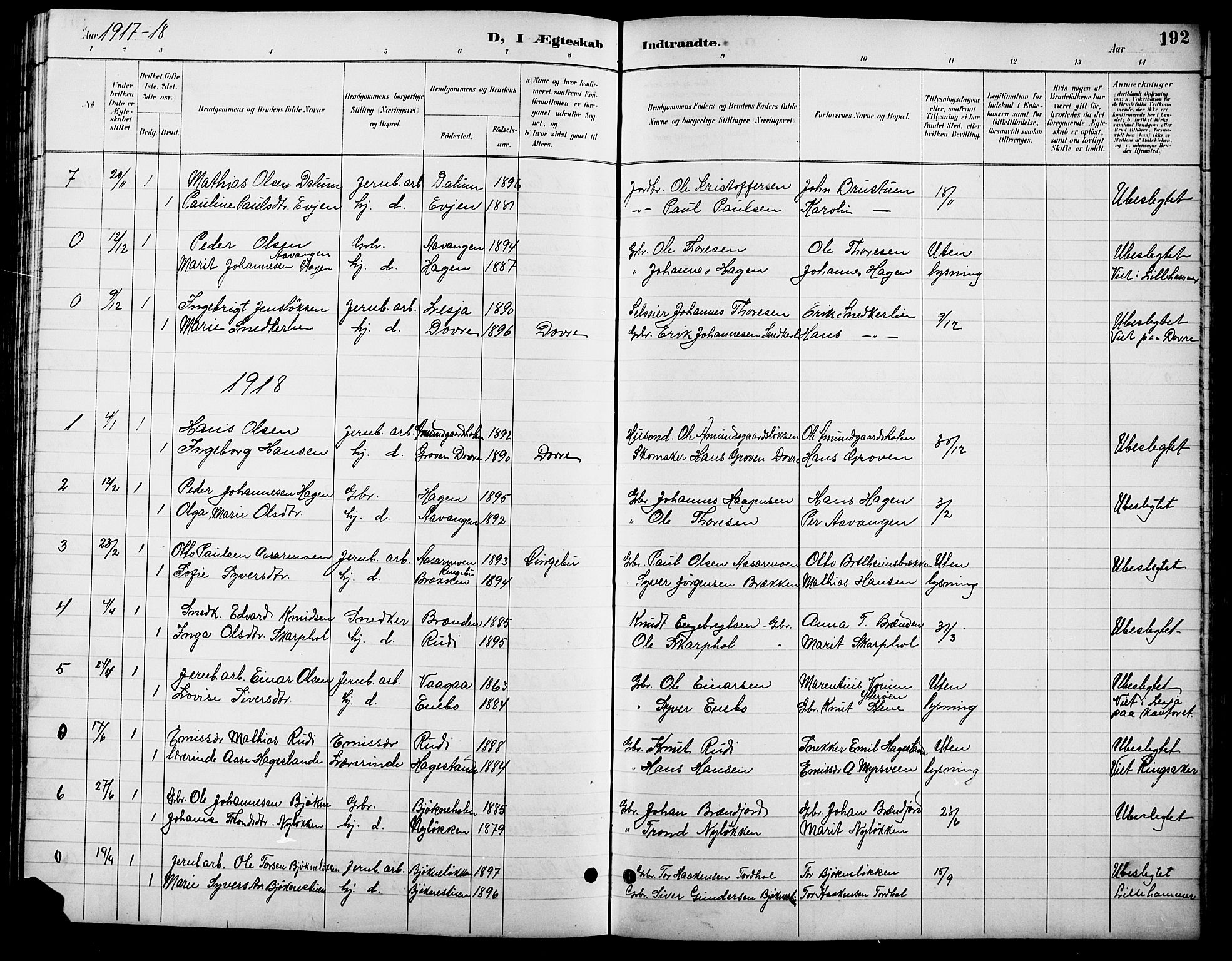 Lesja prestekontor, AV/SAH-PREST-068/H/Ha/Hab/L0007: Parish register (copy) no. 7, 1895-1919, p. 192