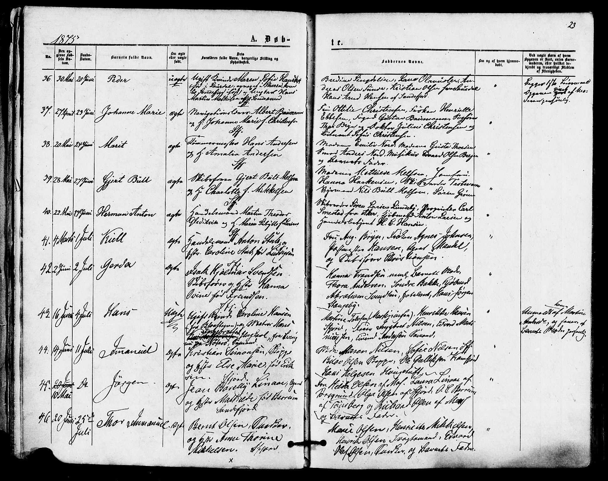 Sandefjord kirkebøker, AV/SAKO-A-315/F/Fa/L0001: Parish register (official) no. 1, 1873-1879, p. 23