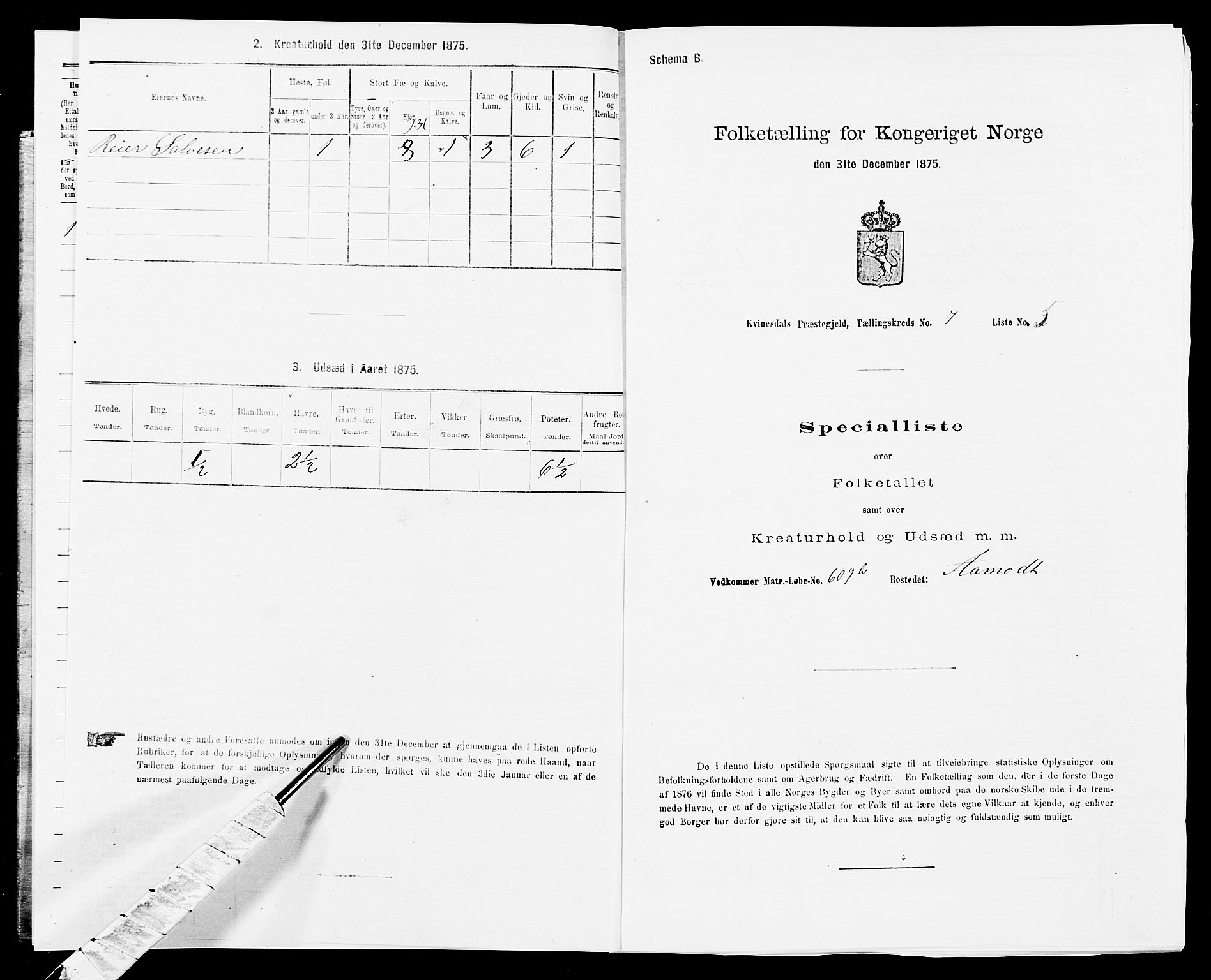 SAK, 1875 census for 1037P Kvinesdal, 1875, p. 1098