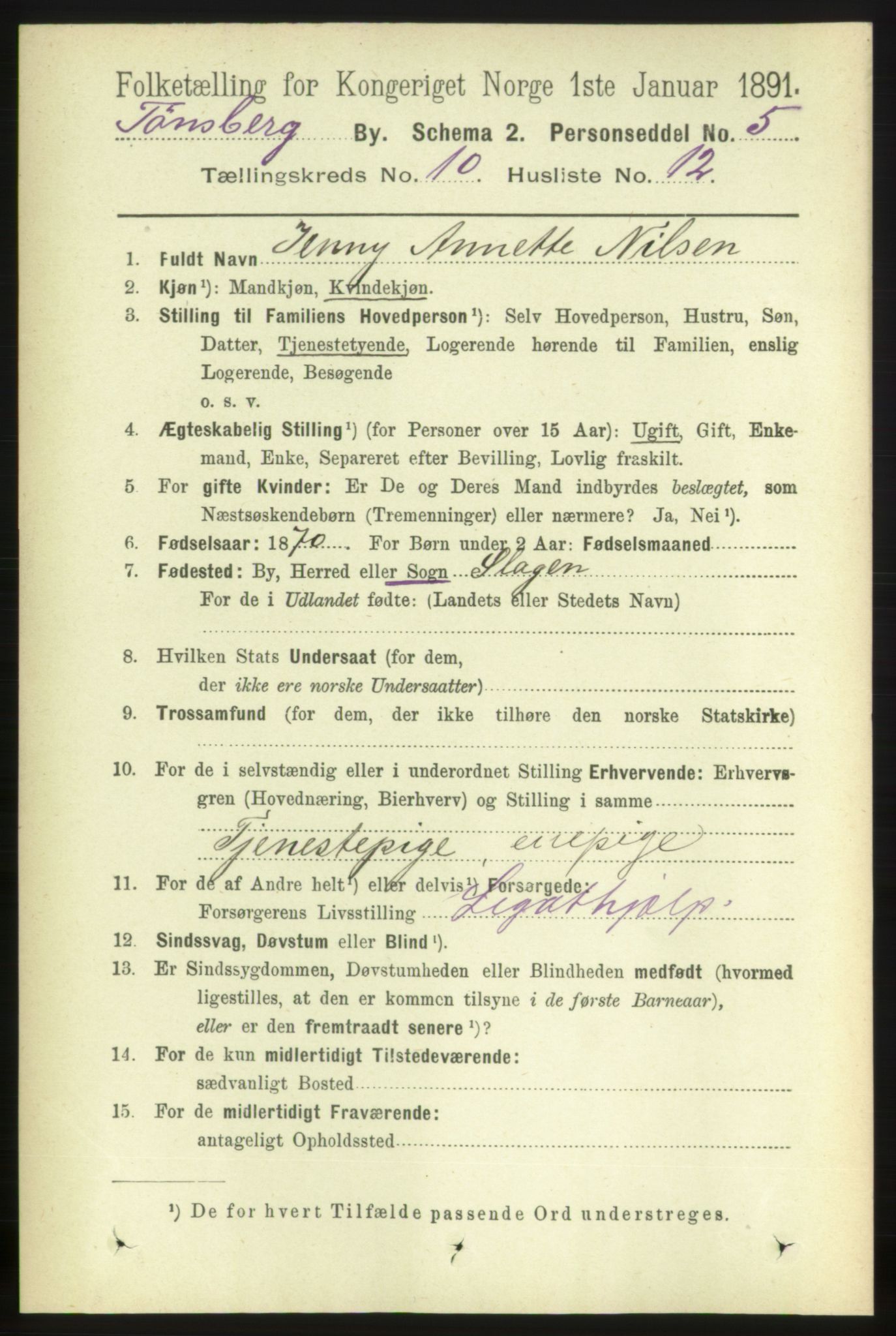 RA, 1891 census for 0705 Tønsberg, 1891, p. 3757