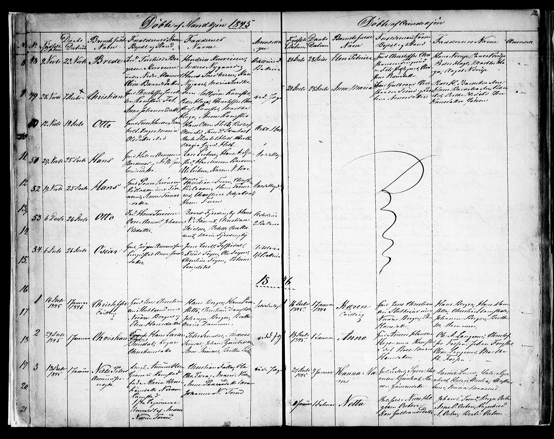 Fet prestekontor Kirkebøker, AV/SAO-A-10370a/F/Fa/L0009: Parish register (official) no. I 9, 1843-1846, p. 12