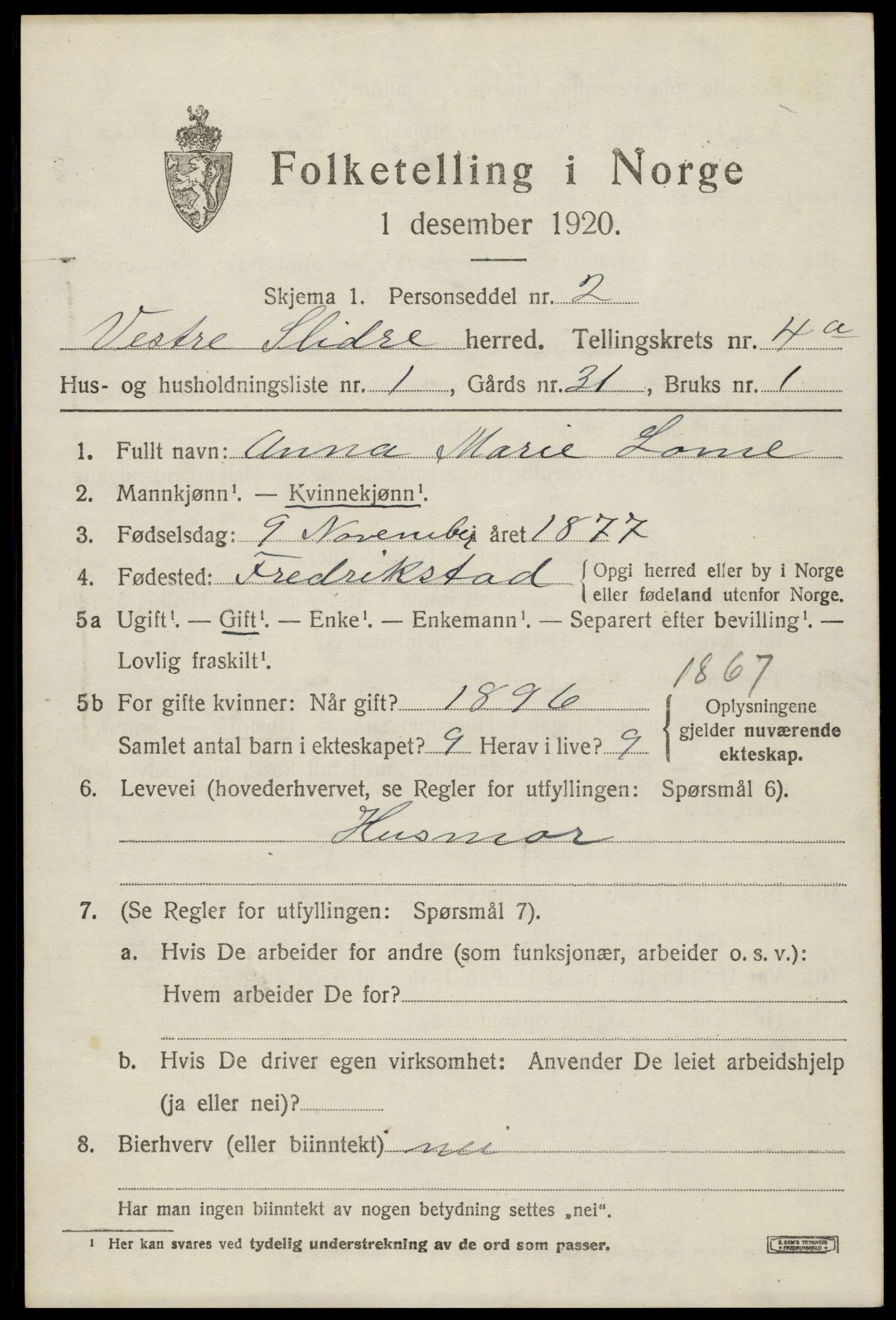 SAH, 1920 census for Vestre Slidre, 1920, p. 2022