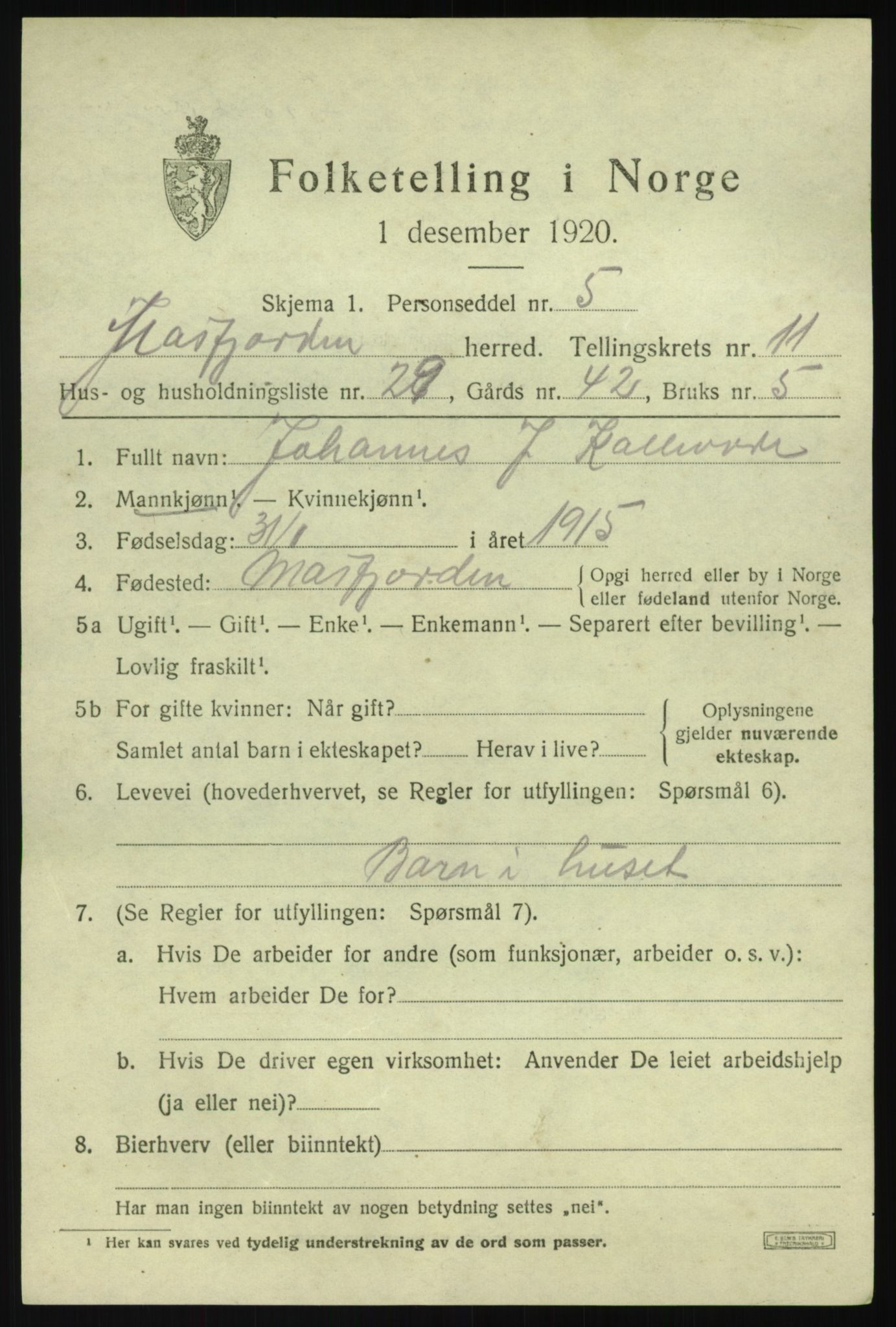 SAB, 1920 census for Masfjorden, 1920, p. 4475