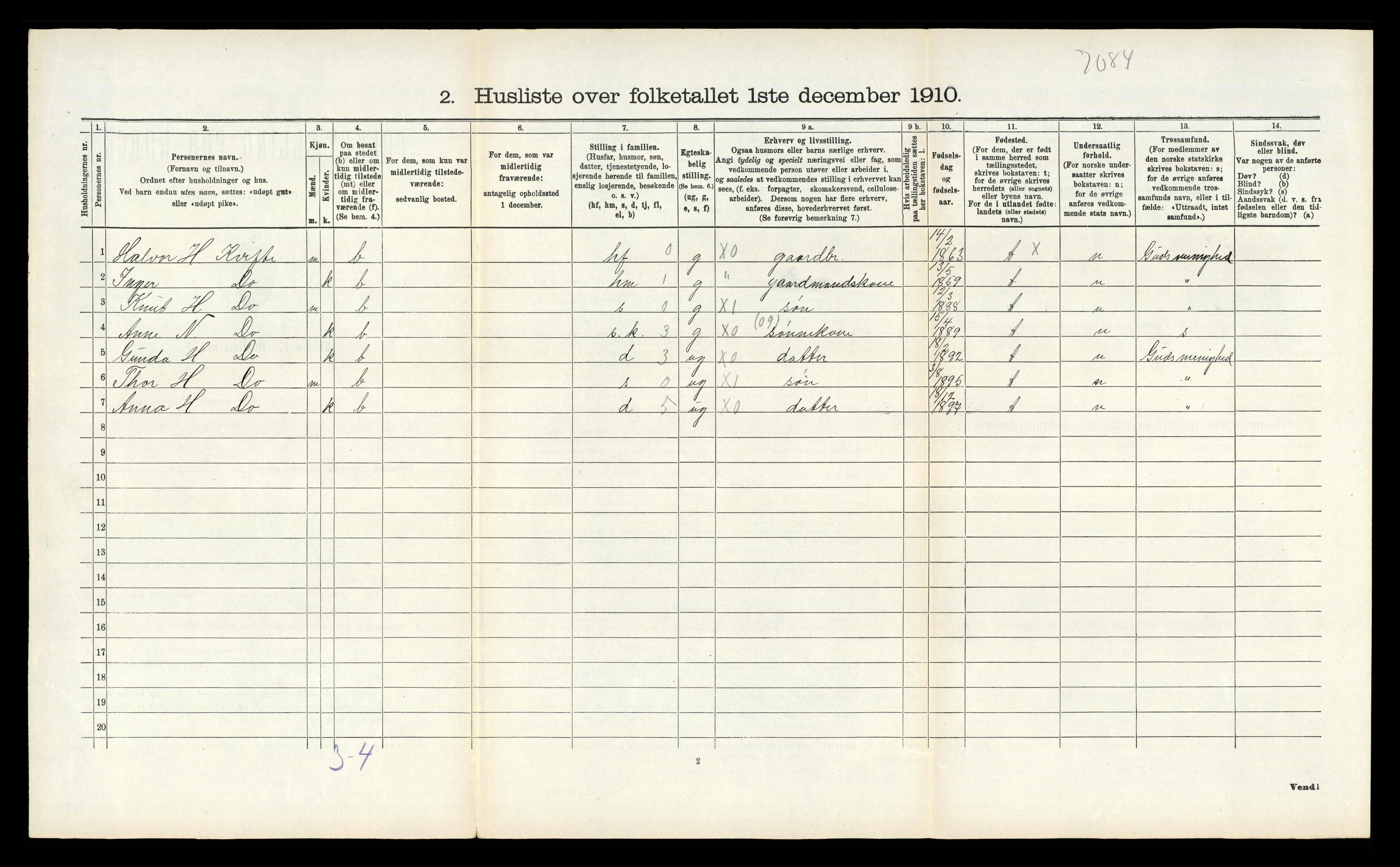 RA, 1910 census for Vegårshei, 1910, p. 207