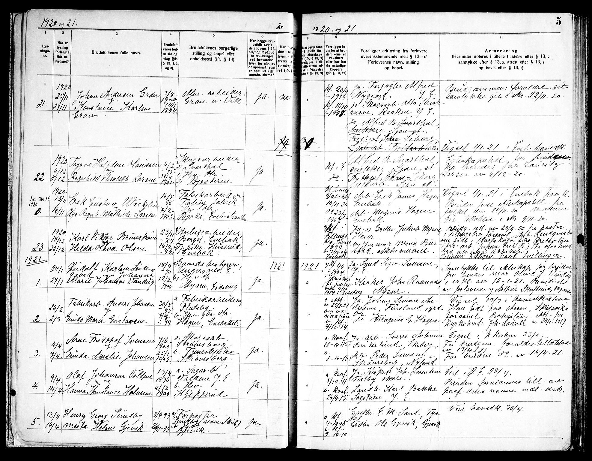 Enebakk prestekontor Kirkebøker, SAO/A-10171c/H/Ha/L0001: Banns register no. 1, 1919-1958, p. 5