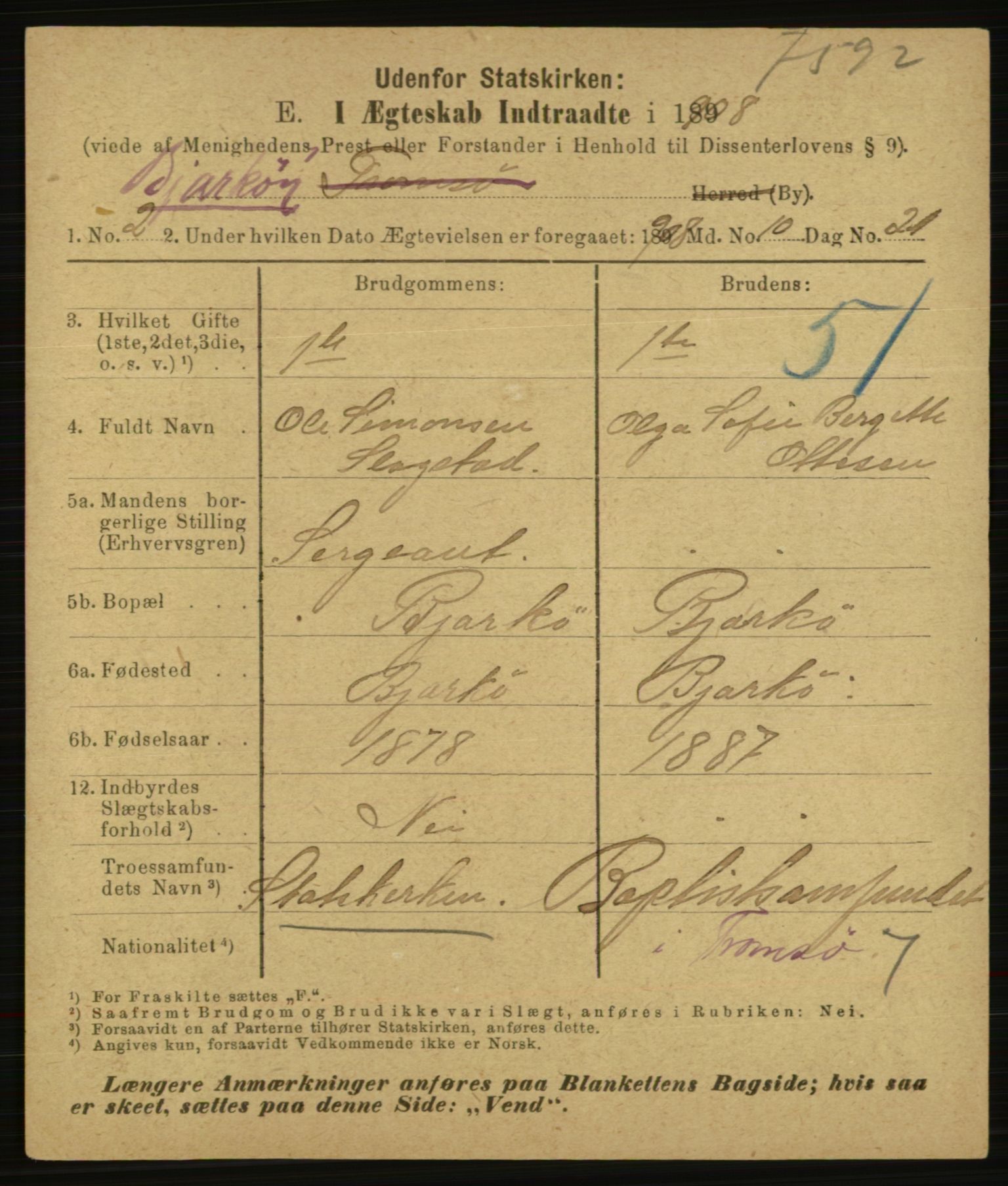 Statistisk sentralbyrå, Sosiodemografiske emner, Befolkning, AV/RA-S-2228/E/L0006: Fødte, gifte, døde dissentere., 1908, p. 2261