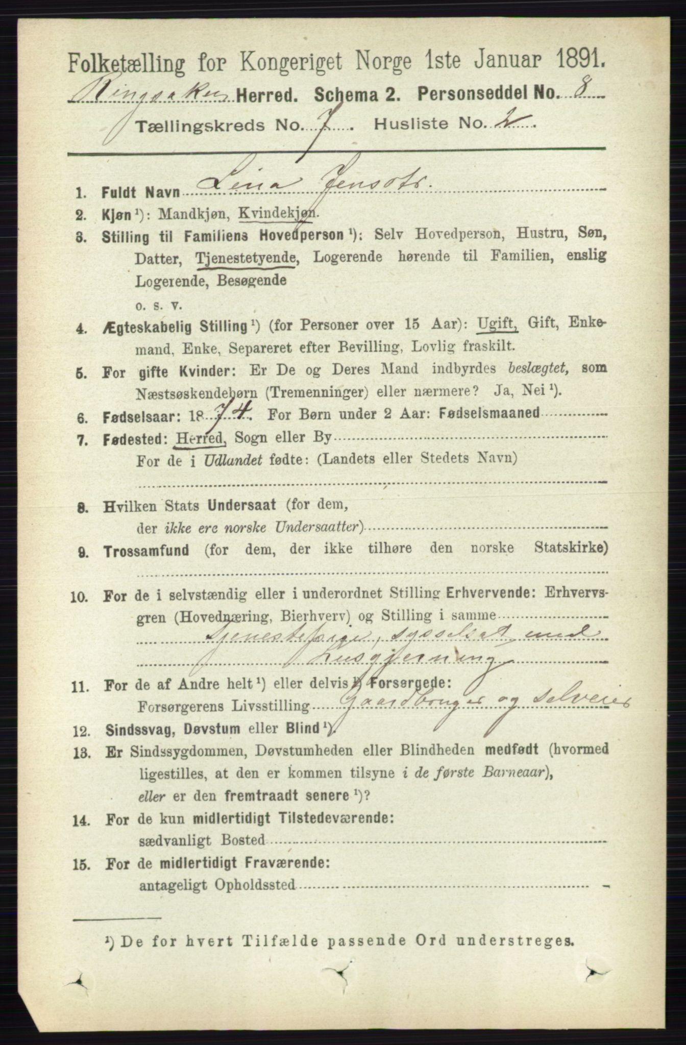 RA, 1891 census for 0412 Ringsaker, 1891, p. 3889