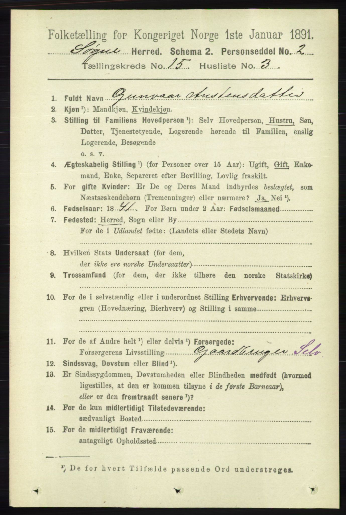 RA, 1891 census for 1018 Søgne, 1891, p. 3906