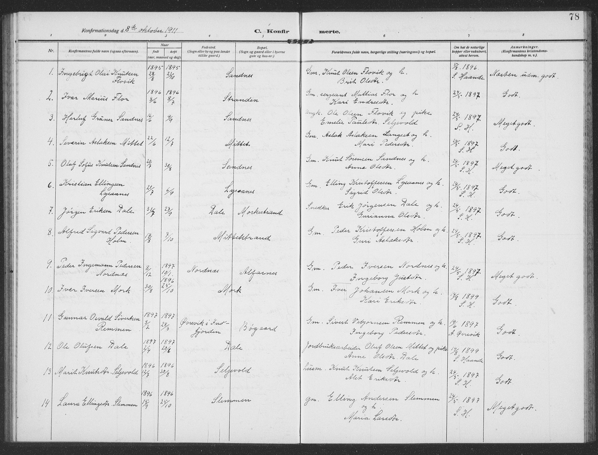 Ministerialprotokoller, klokkerbøker og fødselsregistre - Møre og Romsdal, AV/SAT-A-1454/549/L0615: Parish register (copy) no. 549C01, 1905-1932, p. 78