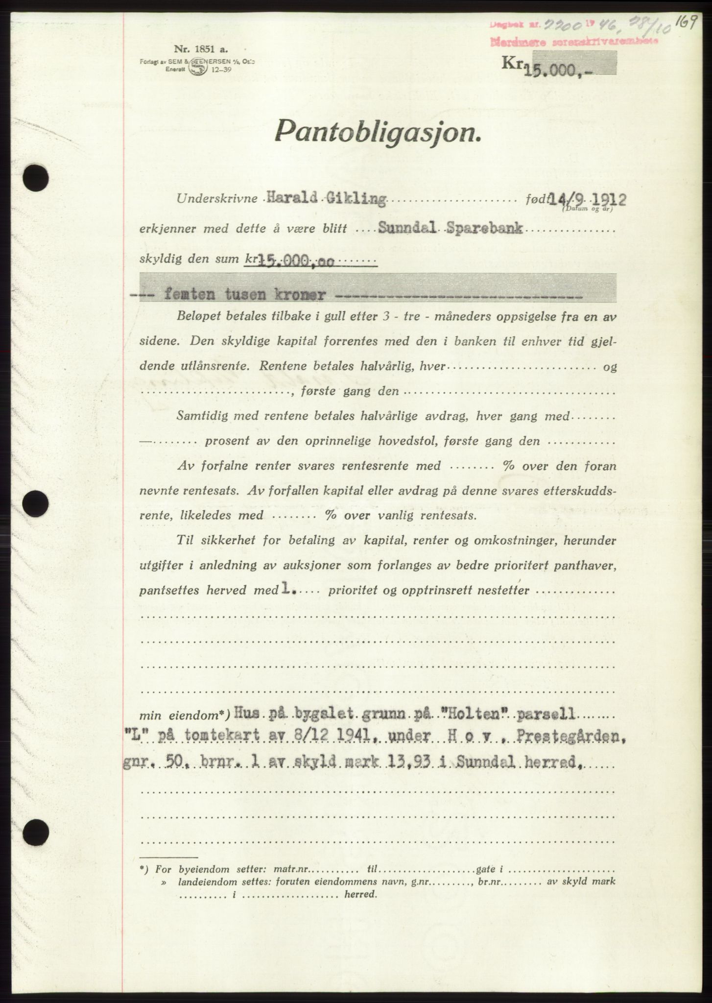 Nordmøre sorenskriveri, AV/SAT-A-4132/1/2/2Ca: Mortgage book no. B95, 1946-1947, Diary no: : 2200/1946