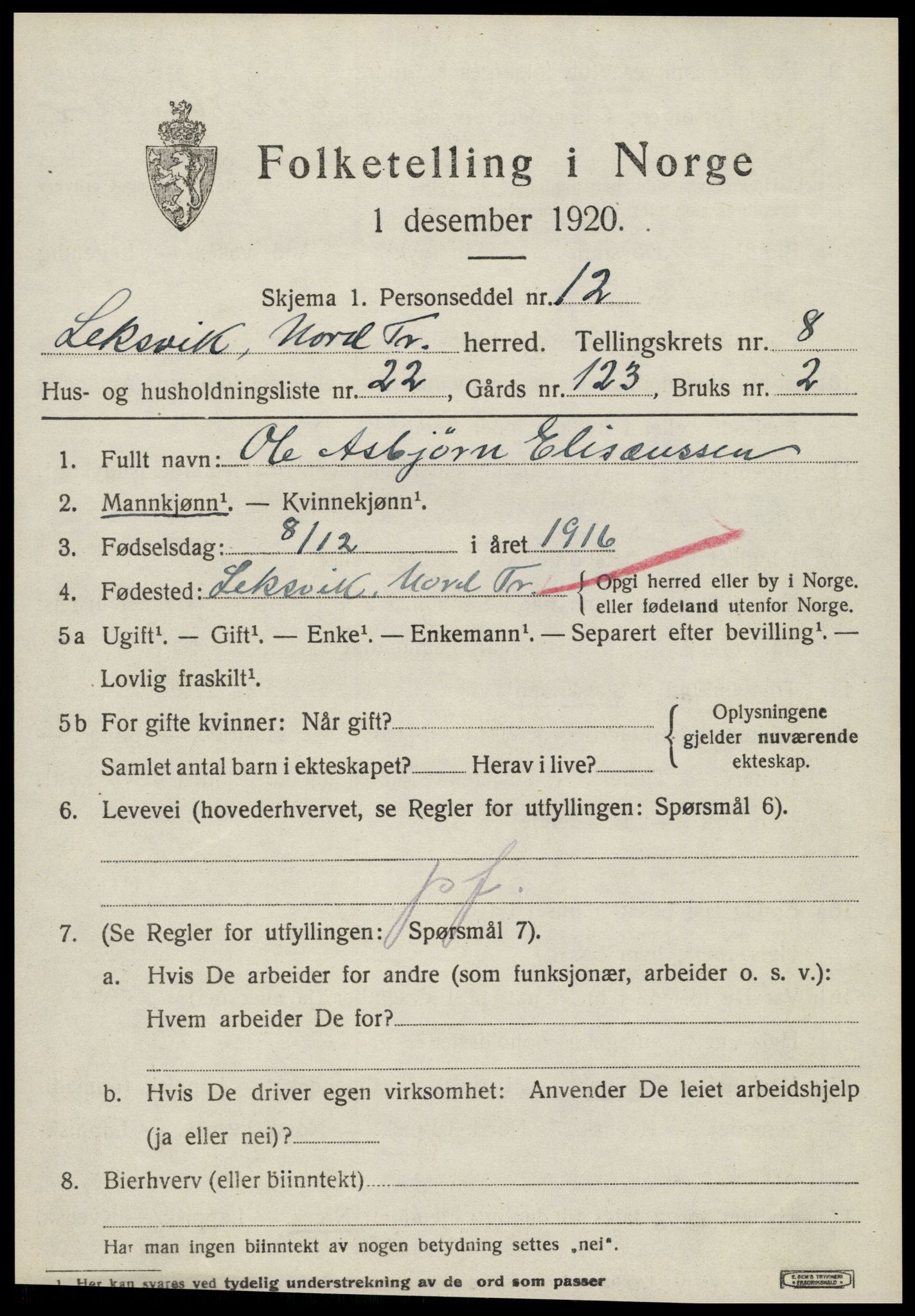 SAT, 1920 census for Leksvik, 1920, p. 6800