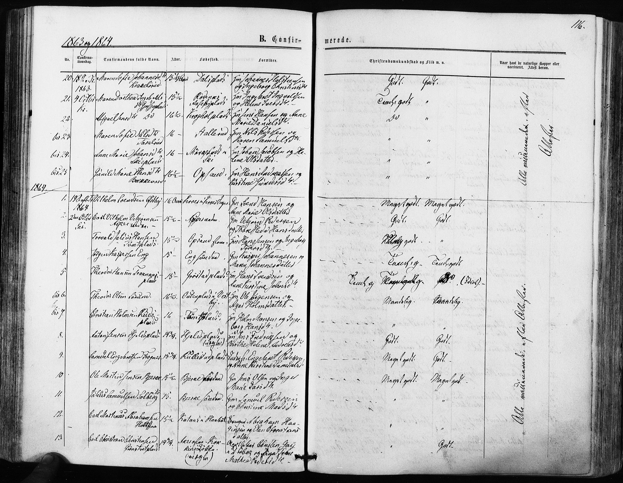 Kråkstad prestekontor Kirkebøker, SAO/A-10125a/F/Fa/L0007: Parish register (official) no. I 7, 1858-1870, p. 116
