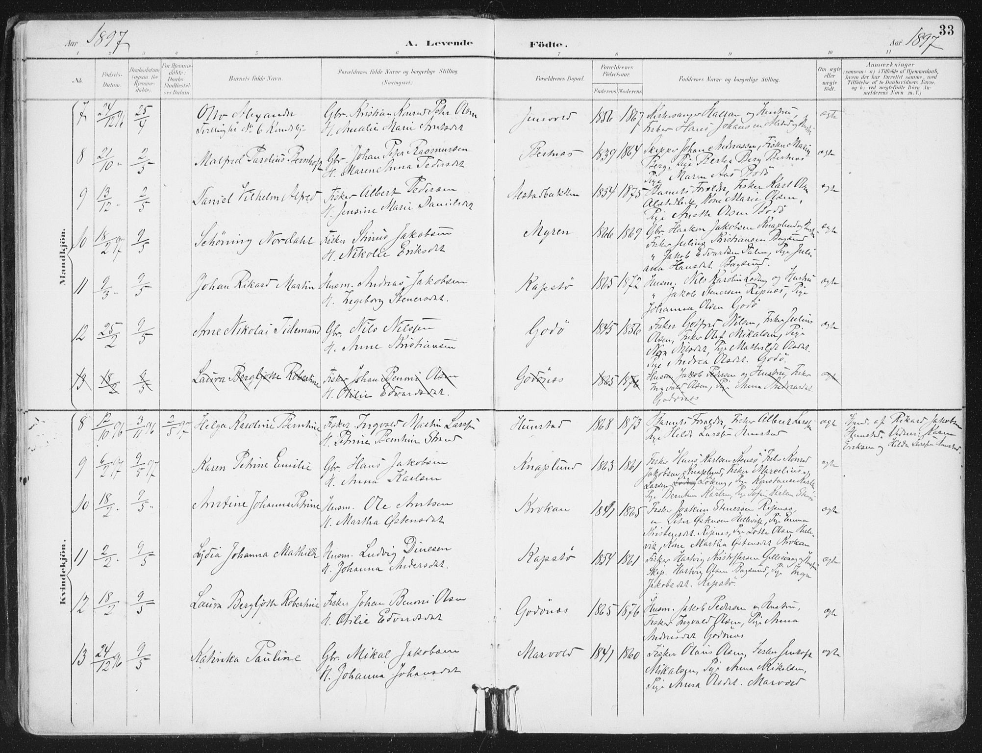 Ministerialprotokoller, klokkerbøker og fødselsregistre - Nordland, AV/SAT-A-1459/802/L0055: Parish register (official) no. 802A02, 1894-1915, p. 33