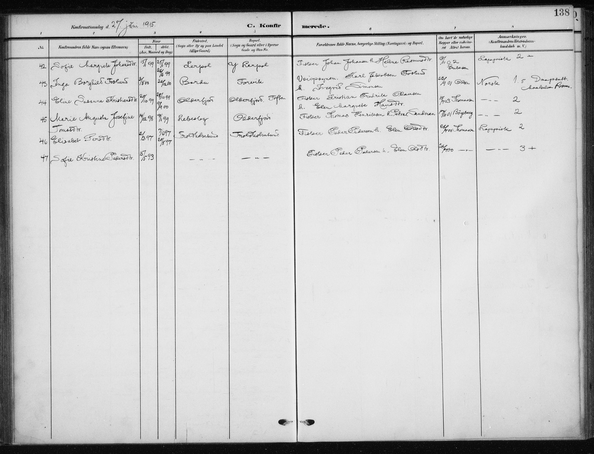 Kistrand/Porsanger sokneprestembete, AV/SATØ-S-1351/H/Ha/L0014.kirke: Parish register (official) no. 14, 1908-1917, p. 138