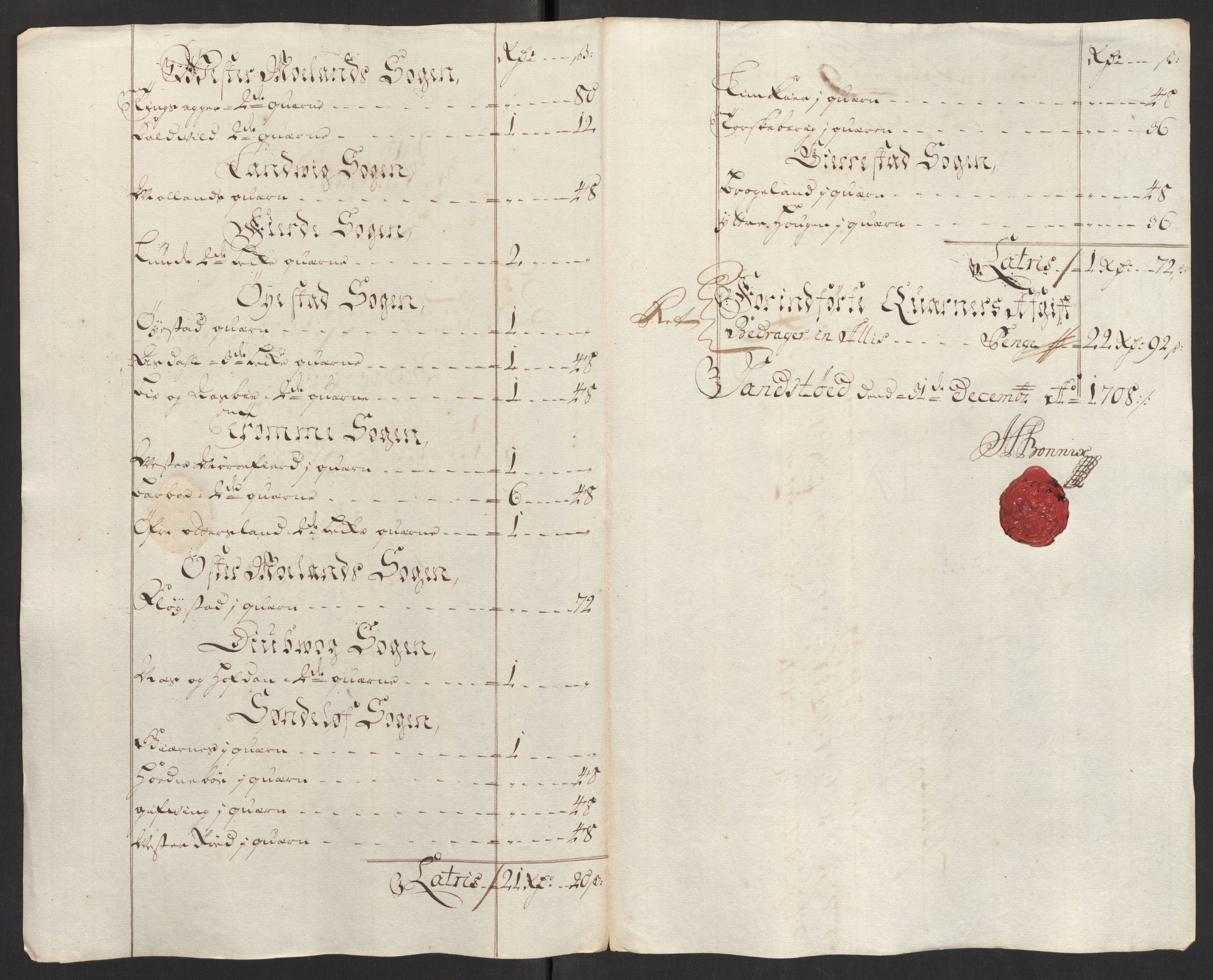 Rentekammeret inntil 1814, Reviderte regnskaper, Fogderegnskap, AV/RA-EA-4092/R39/L2318: Fogderegnskap Nedenes, 1706-1709, p. 279