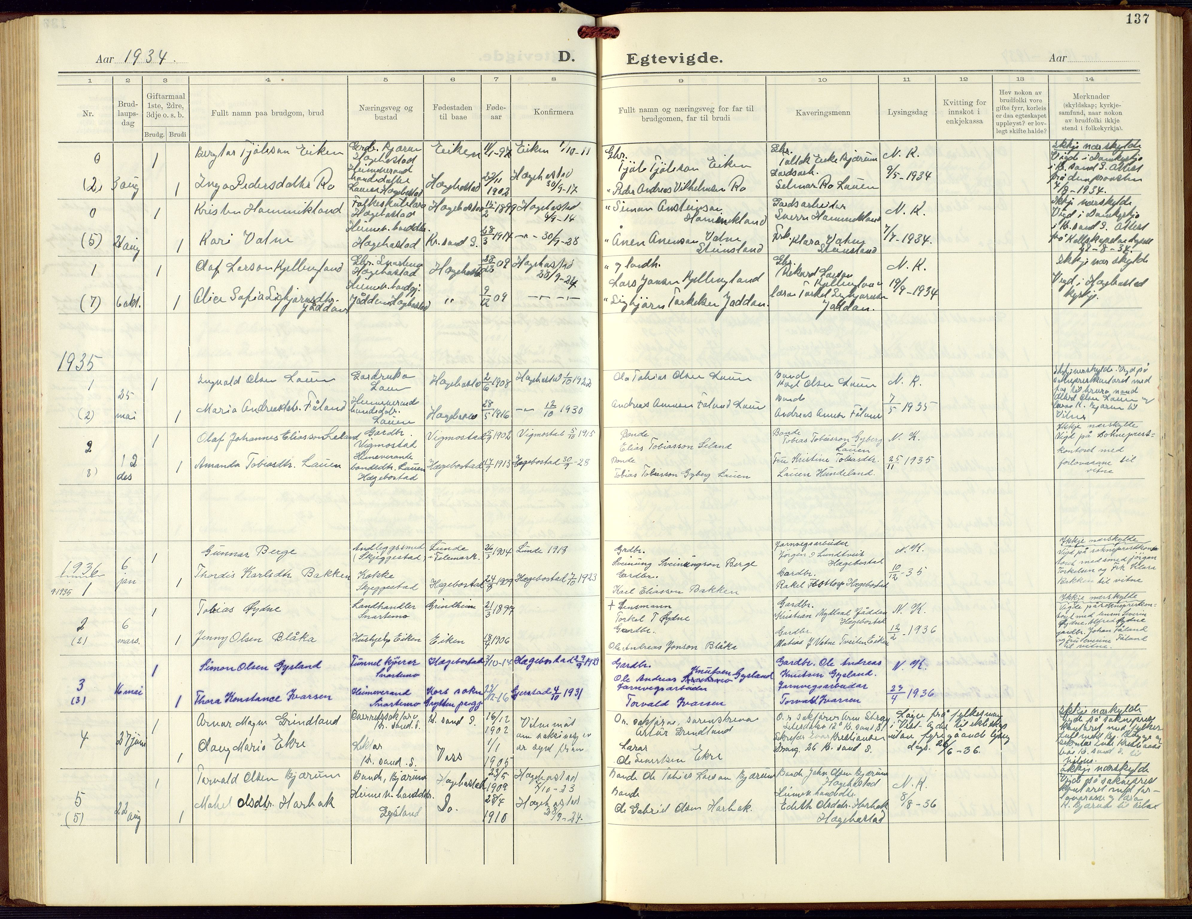 Hægebostad sokneprestkontor, SAK/1111-0024/F/Fb/Fba/L0006: Parish register (copy) no. B 6, 1931-1970, p. 137