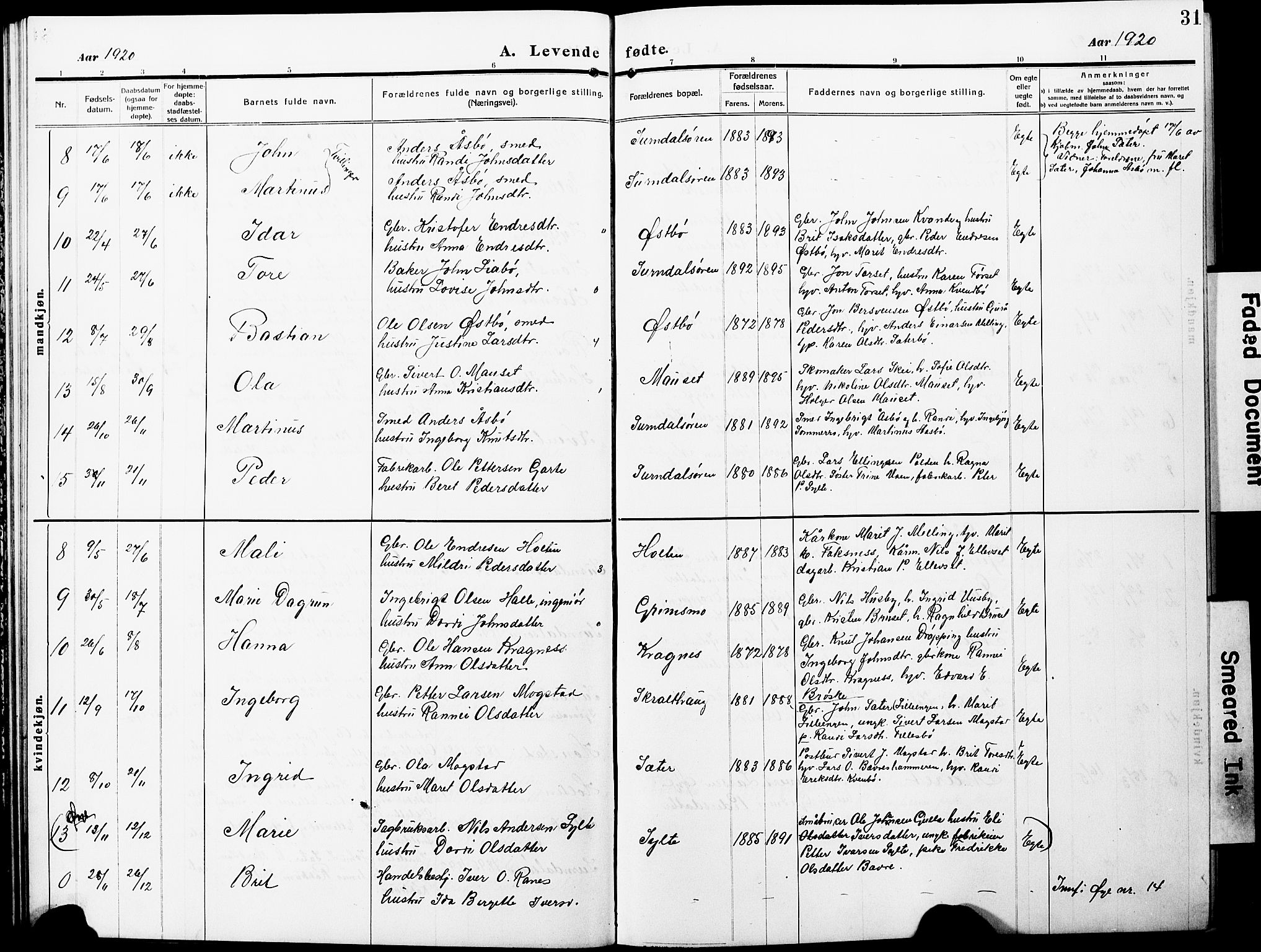 Ministerialprotokoller, klokkerbøker og fødselsregistre - Møre og Romsdal, AV/SAT-A-1454/596/L1059: Parish register (copy) no. 596C02, 1908-1922, p. 31