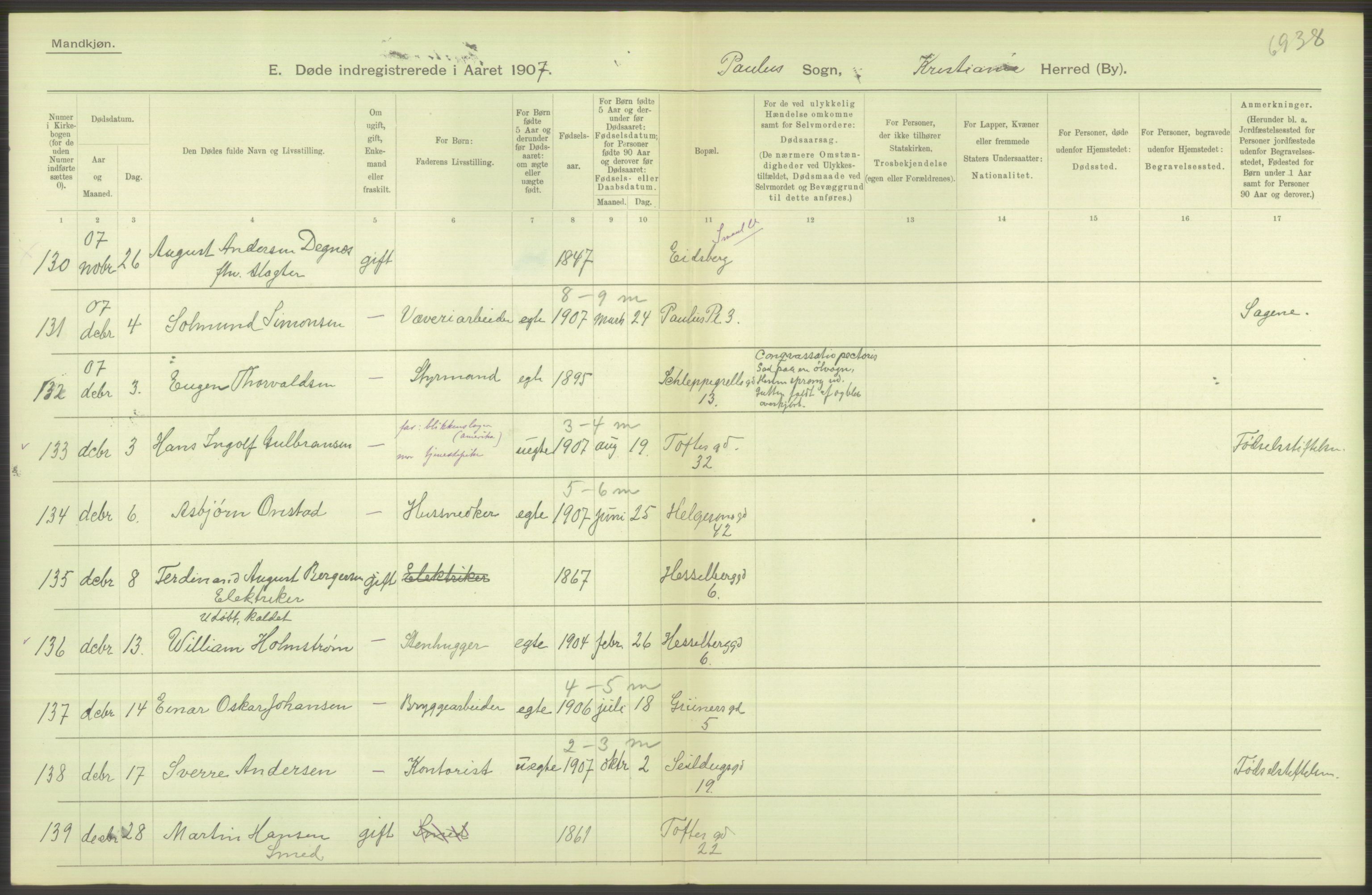 Statistisk sentralbyrå, Sosiodemografiske emner, Befolkning, RA/S-2228/D/Df/Dfa/Dfae/L0010: Kristiania: Døde, dødfødte, 1907, p. 282