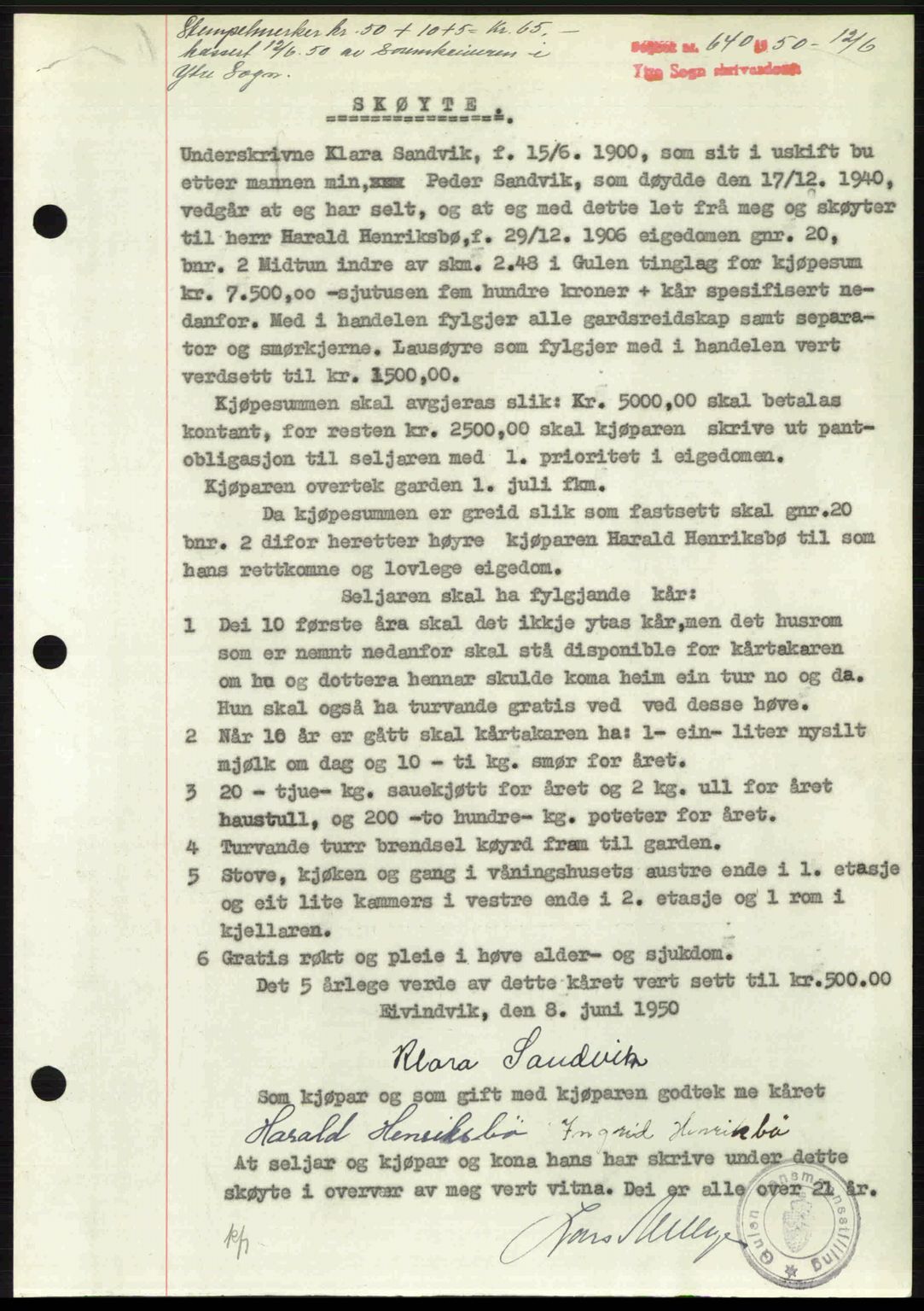 Ytre Sogn tingrett, SAB/A-2601/1/G/Gbb/L0009: Mortgage book no. A6 - A7 (B4), 1950-1950, Diary no: : 640/1950