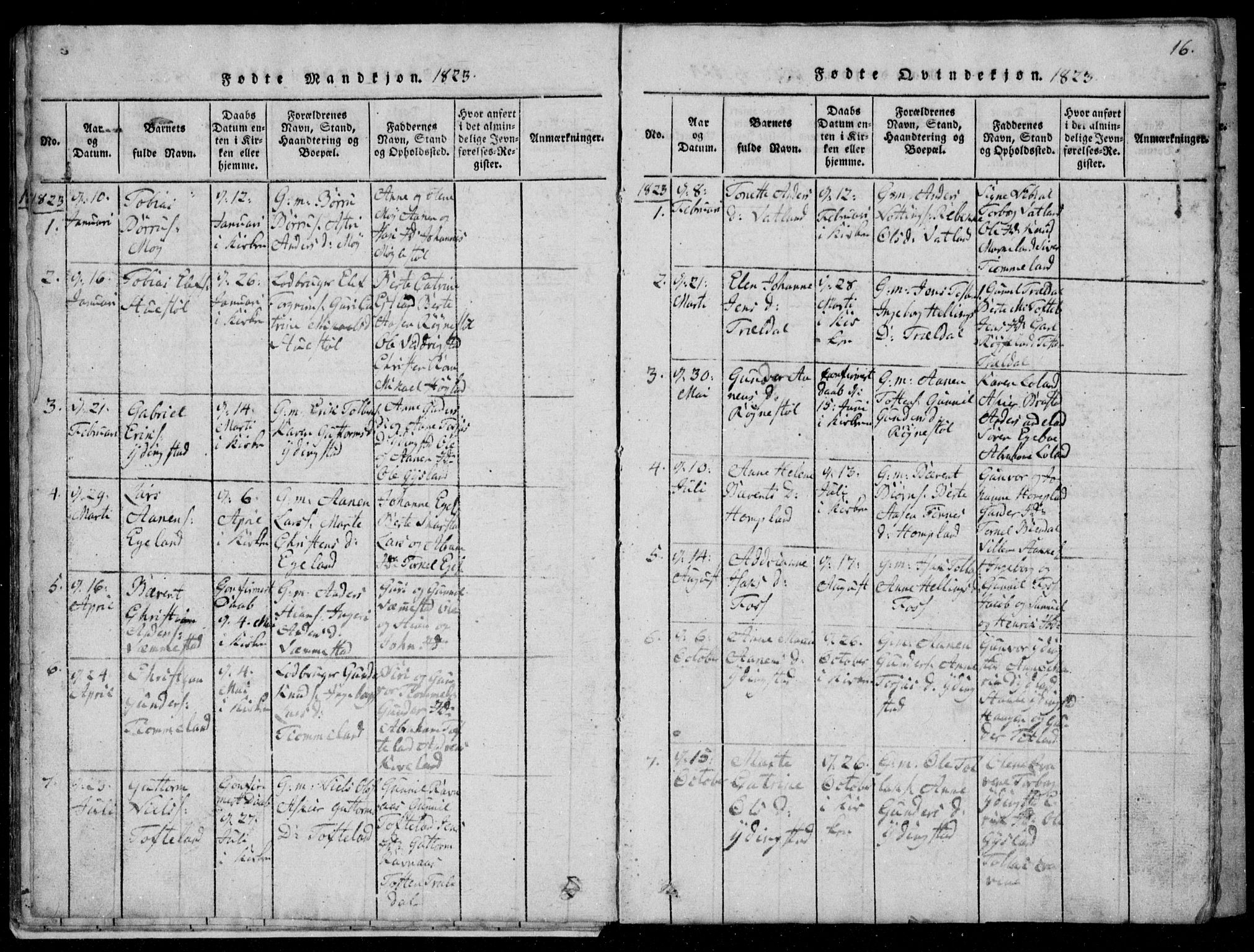 Lyngdal sokneprestkontor, AV/SAK-1111-0029/F/Fb/Fbb/L0001: Parish register (copy) no. B 1, 1816-1900, p. 16