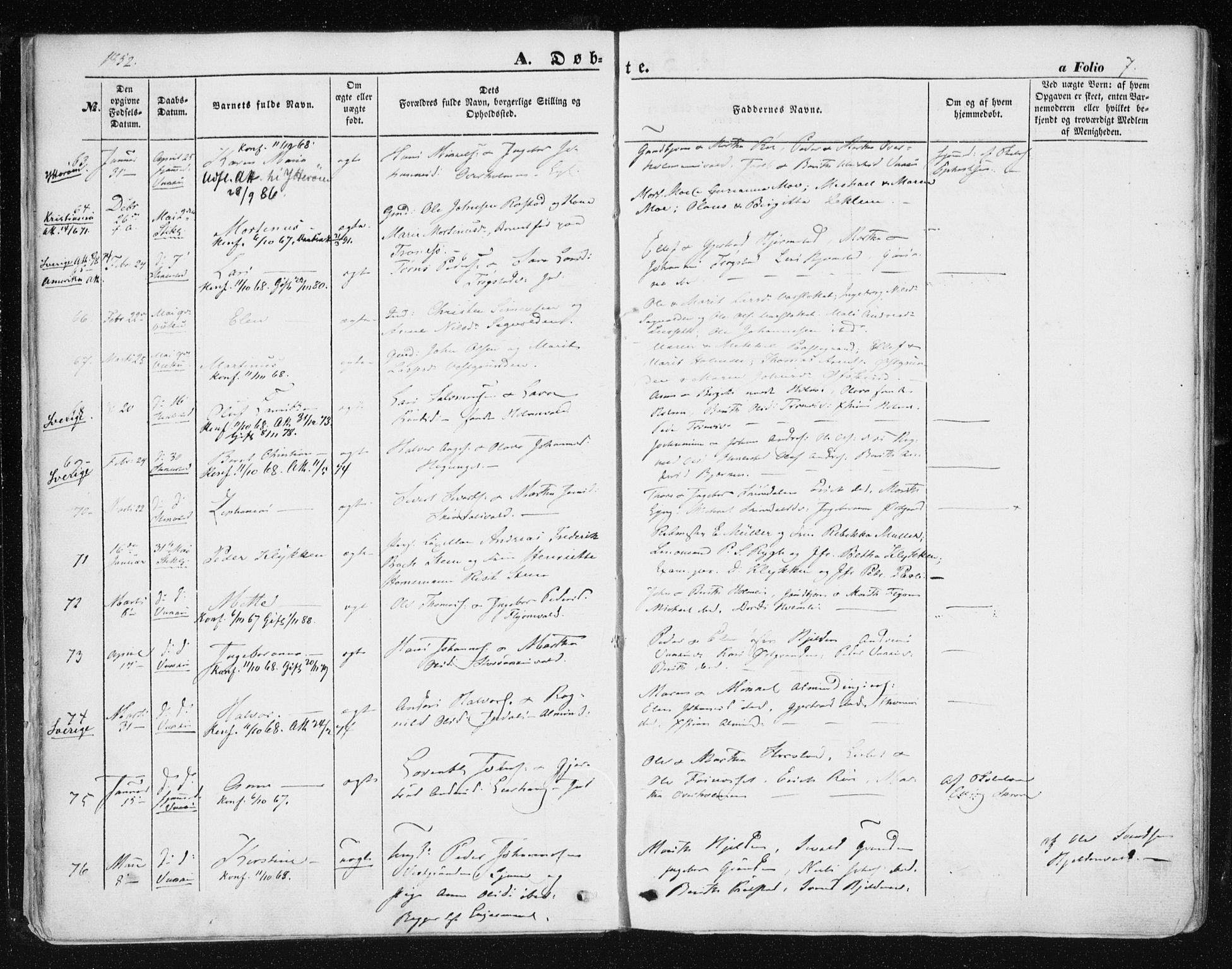 Ministerialprotokoller, klokkerbøker og fødselsregistre - Nord-Trøndelag, AV/SAT-A-1458/723/L0240: Parish register (official) no. 723A09, 1852-1860, p. 7