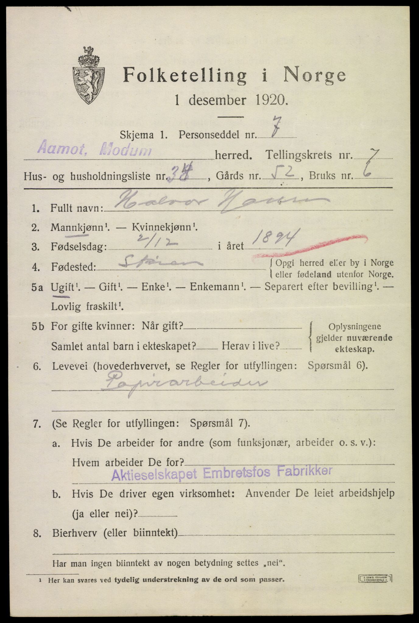 SAKO, 1920 census for Modum, 1920, p. 10175