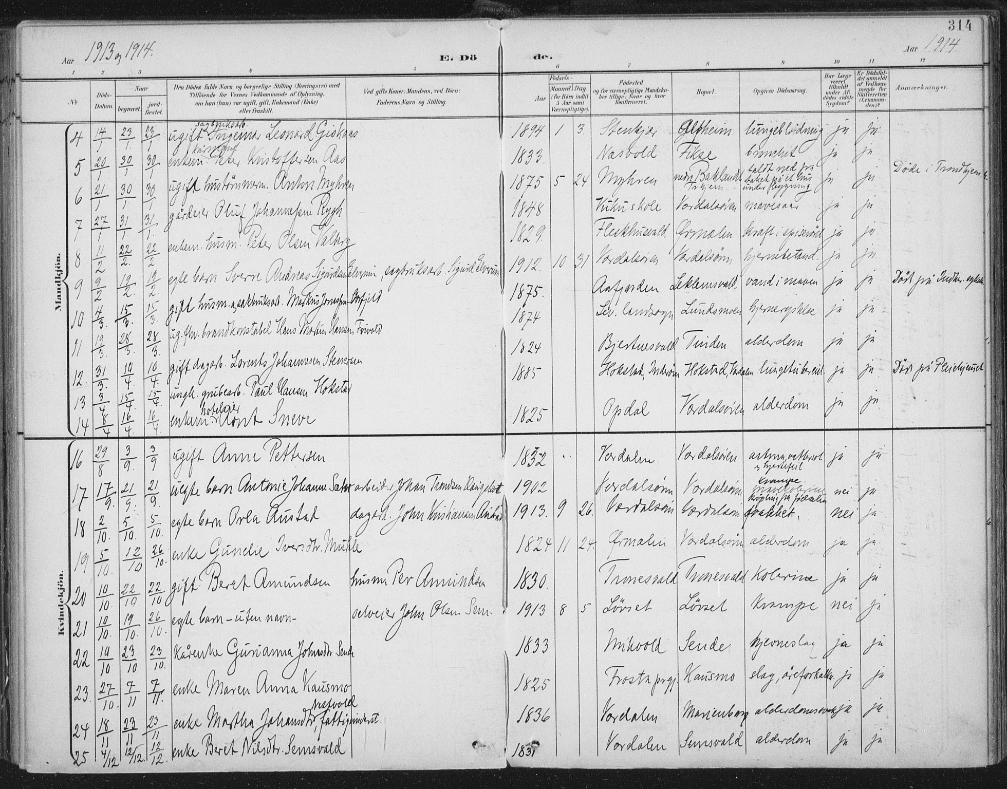 Ministerialprotokoller, klokkerbøker og fødselsregistre - Nord-Trøndelag, AV/SAT-A-1458/723/L0246: Parish register (official) no. 723A15, 1900-1917, p. 314