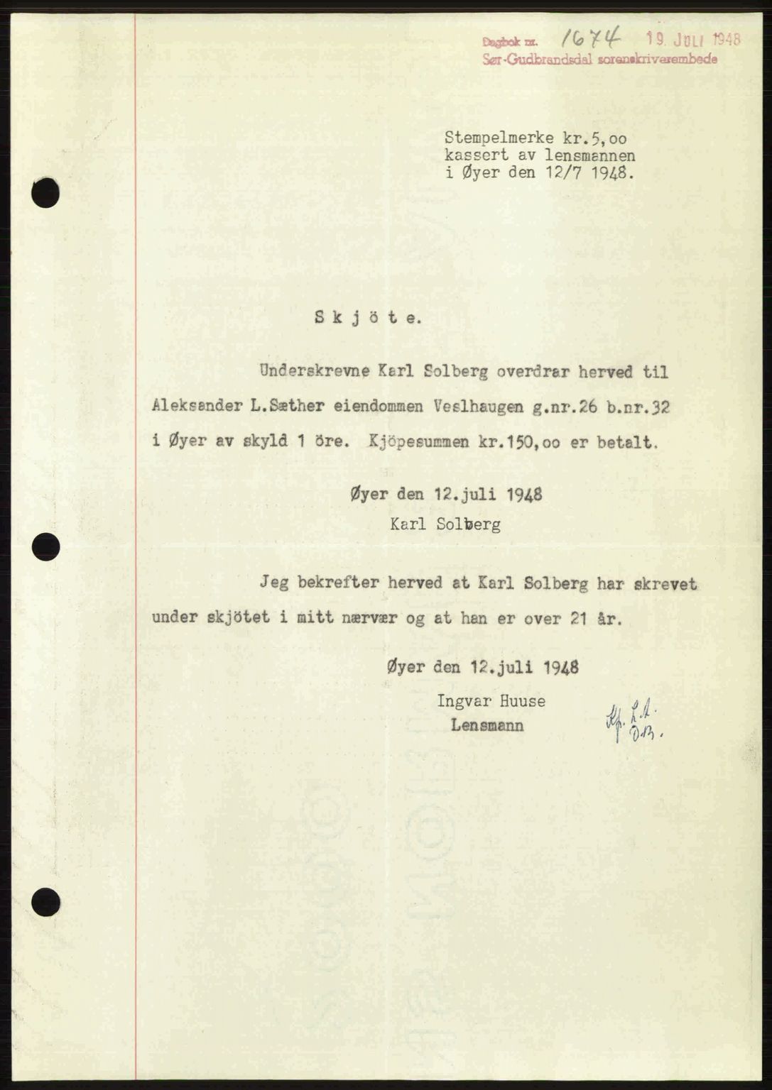 Sør-Gudbrandsdal tingrett, SAH/TING-004/H/Hb/Hbd/L0022: Mortgage book no. A22, 1948-1948, Diary no: : 1674/1948