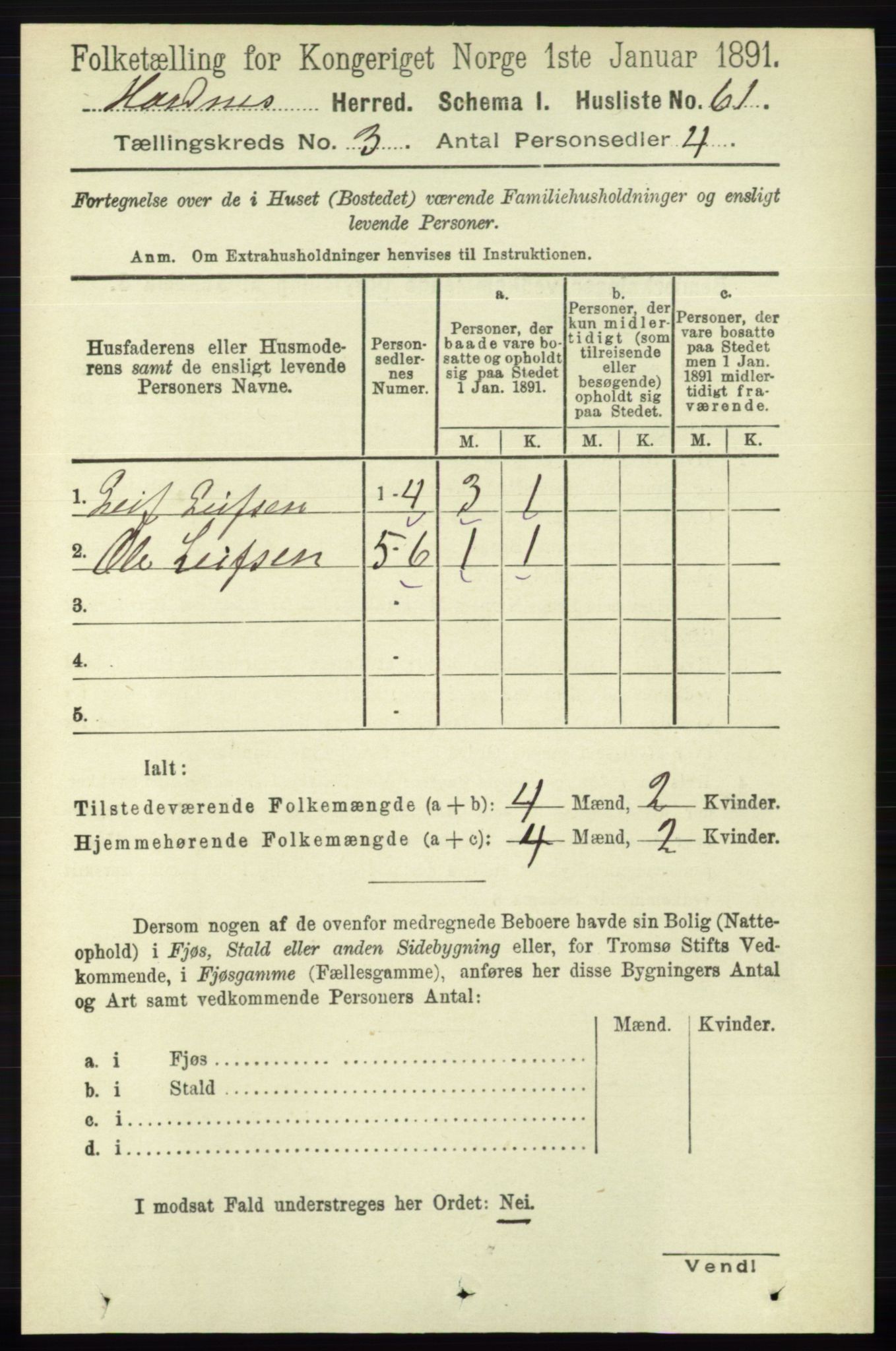 RA, 1891 census for 0936 Hornnes, 1891, p. 537