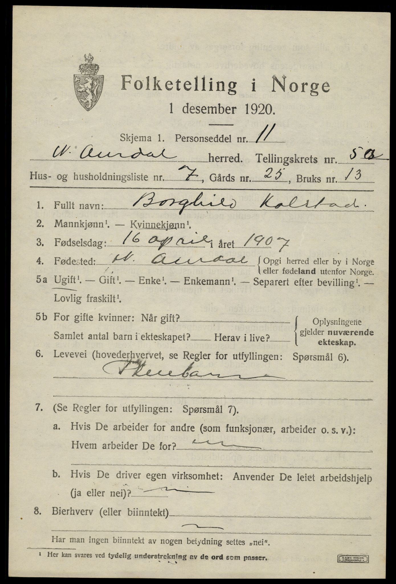 SAH, 1920 census for Nord-Aurdal, 1920, p. 4760