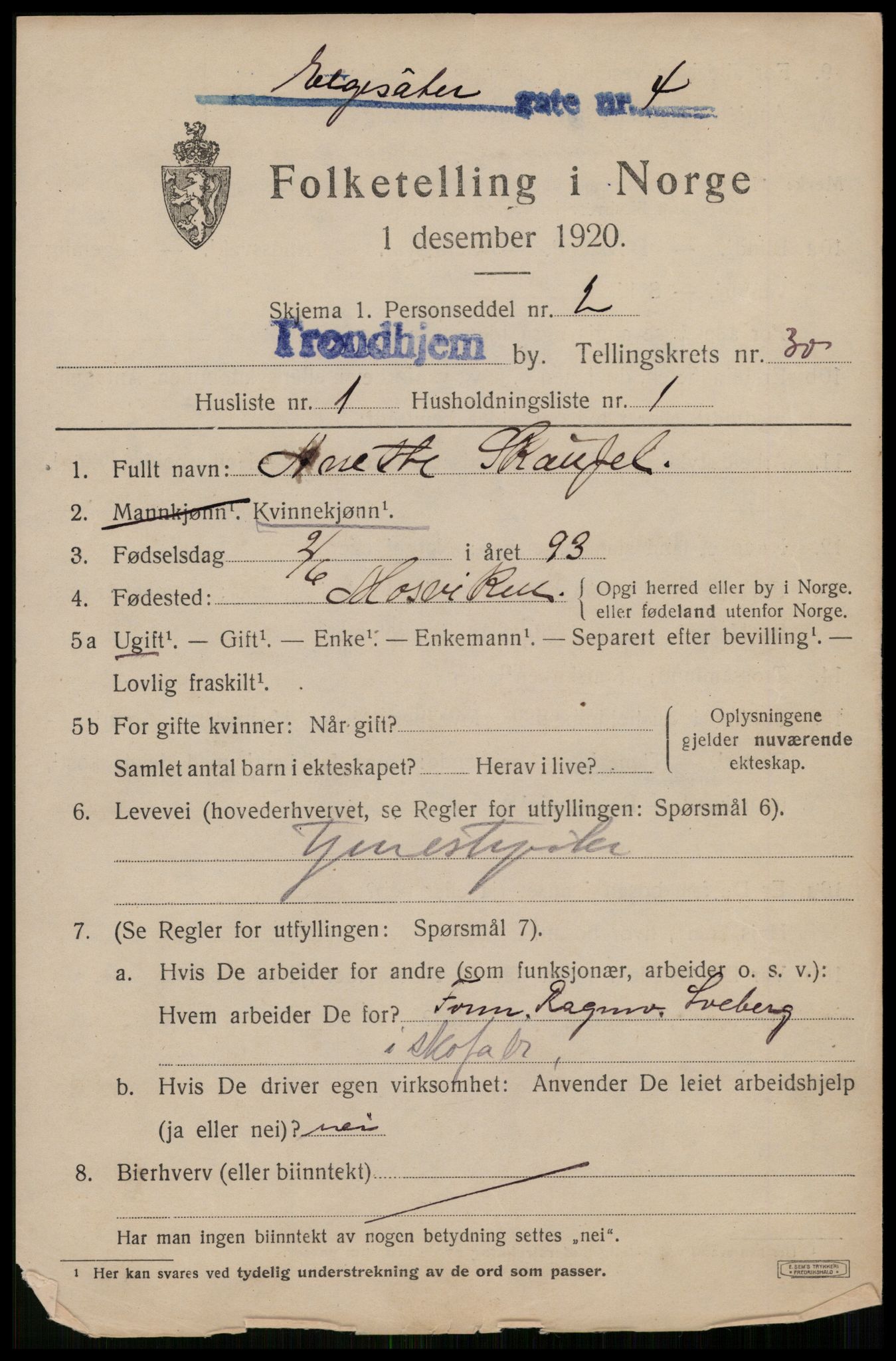 SAT, 1920 census for Trondheim, 1920, p. 73494