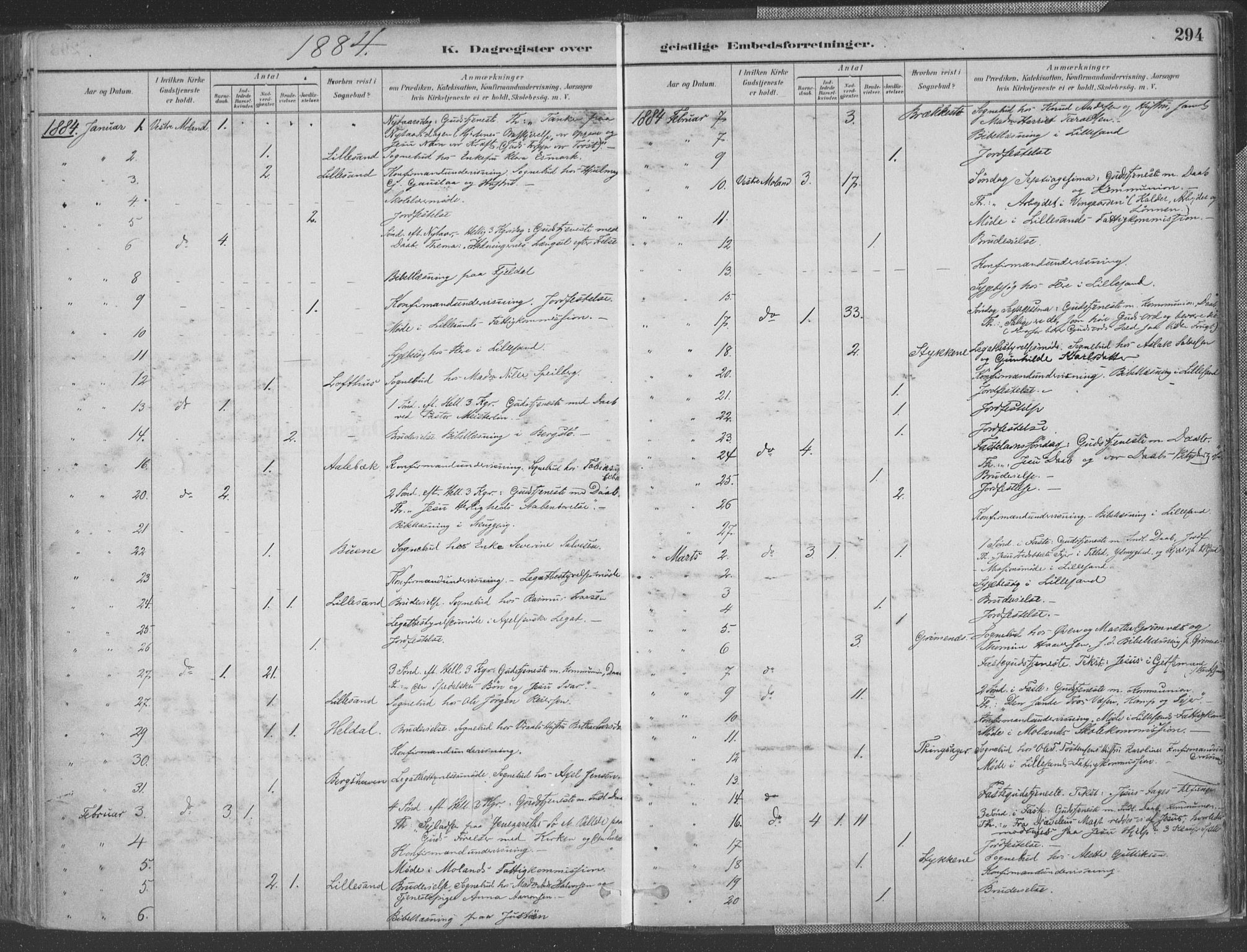 Vestre Moland sokneprestkontor, SAK/1111-0046/F/Fa/Fab/L0009: Parish register (official) no. A 9, 1884-1899, p. 294