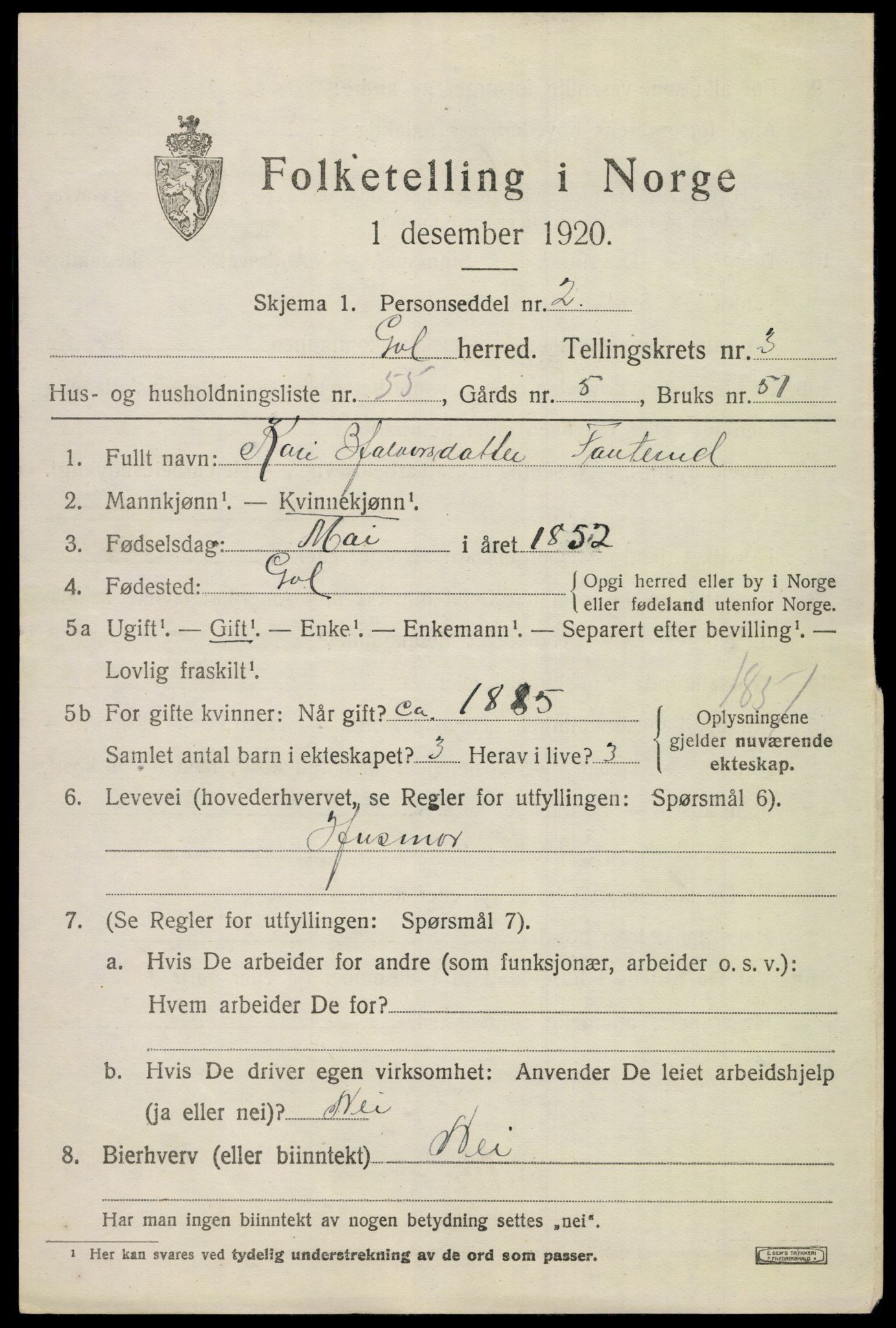 SAKO, 1920 census for Gol, 1920, p. 2728