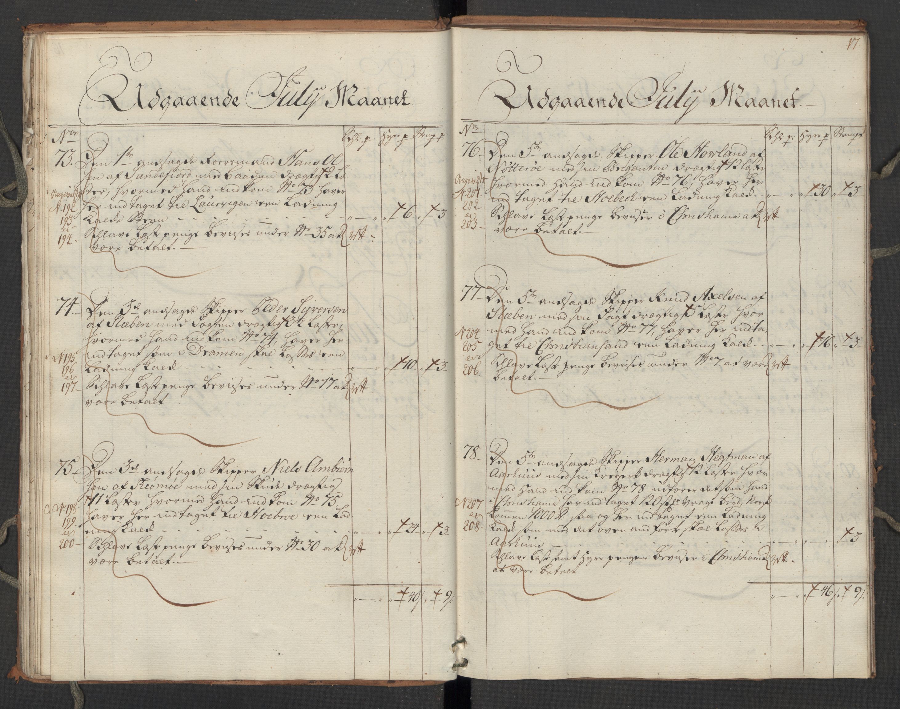 Generaltollkammeret, tollregnskaper, AV/RA-EA-5490/R06/L0064/0002: Tollregnskaper Kristiania / Utgående hovedtollbok Slependen, 1762, p. 16b-17a
