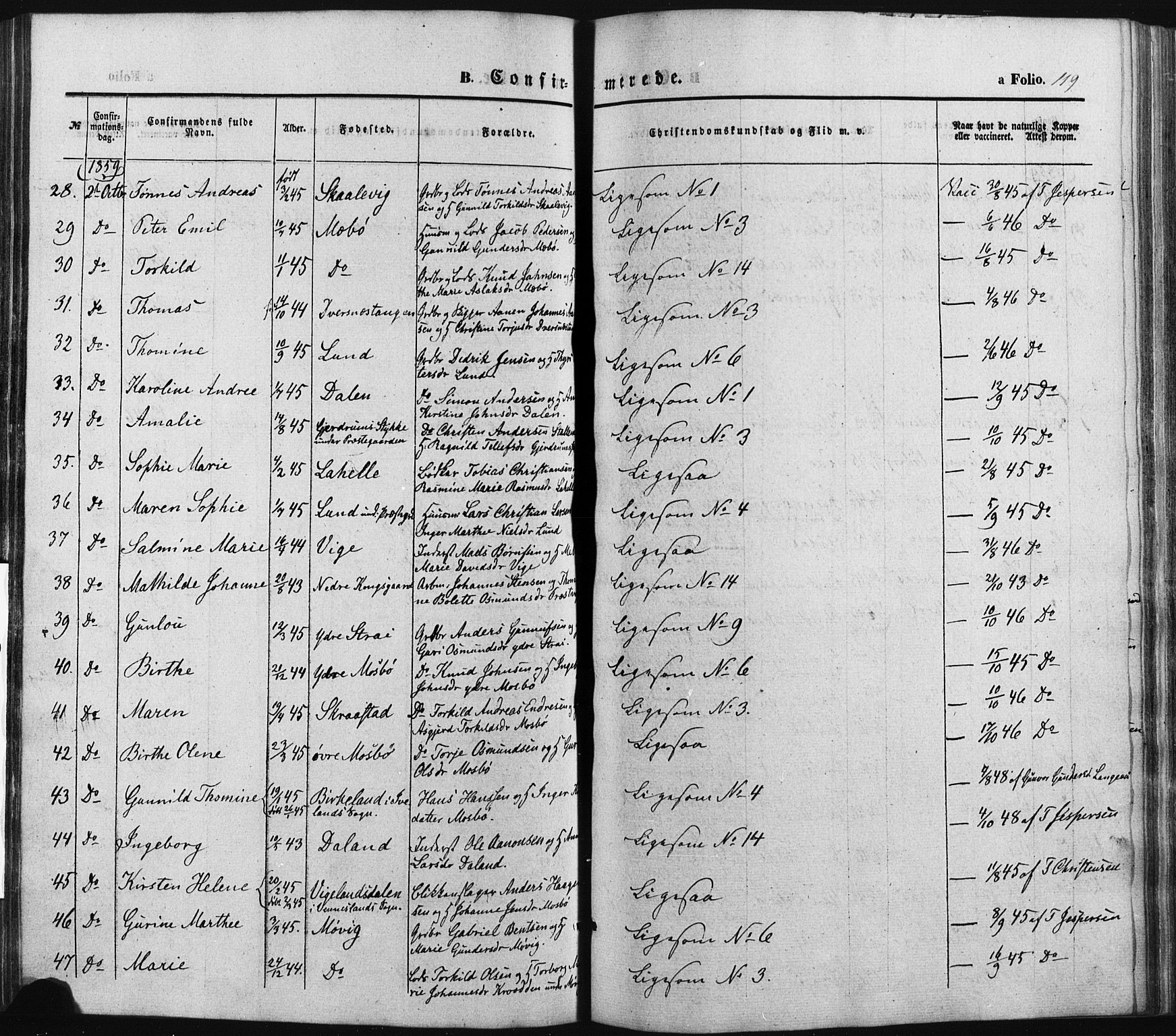Oddernes sokneprestkontor, SAK/1111-0033/F/Fa/Faa/L0007: Parish register (official) no. A 7, 1851-1863, p. 119