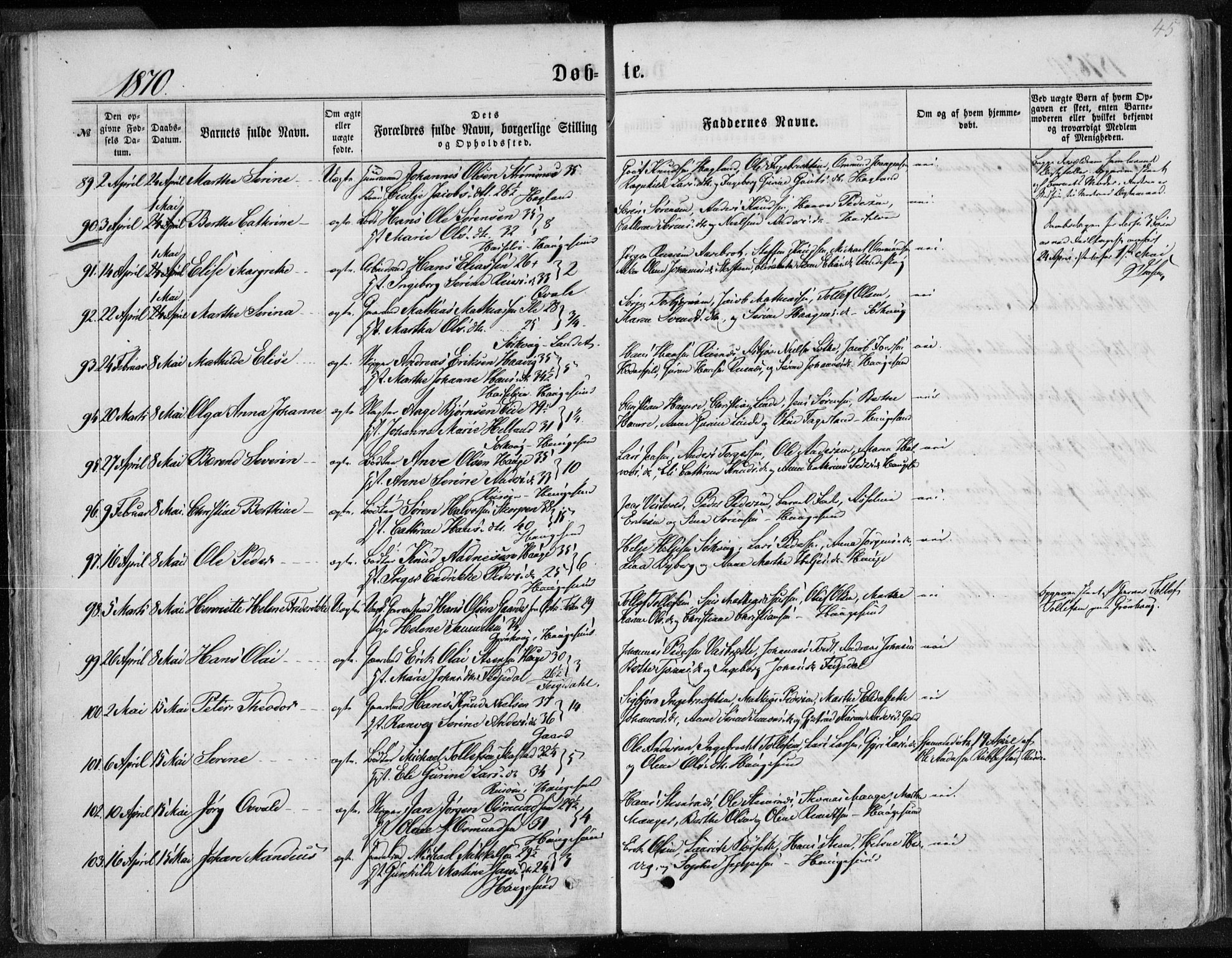 Torvastad sokneprestkontor, SAST/A -101857/H/Ha/Haa/L0012: Parish register (official) no. A 12.1, 1867-1877, p. 45