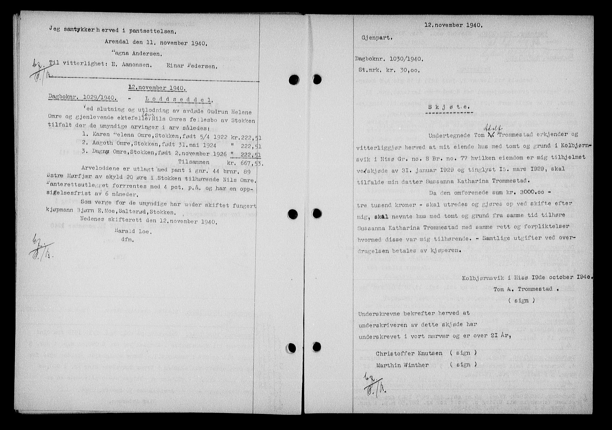 Nedenes sorenskriveri, SAK/1221-0006/G/Gb/Gba/L0048: Mortgage book no. A-II, 1940-1941, Diary no: : 1030/1940