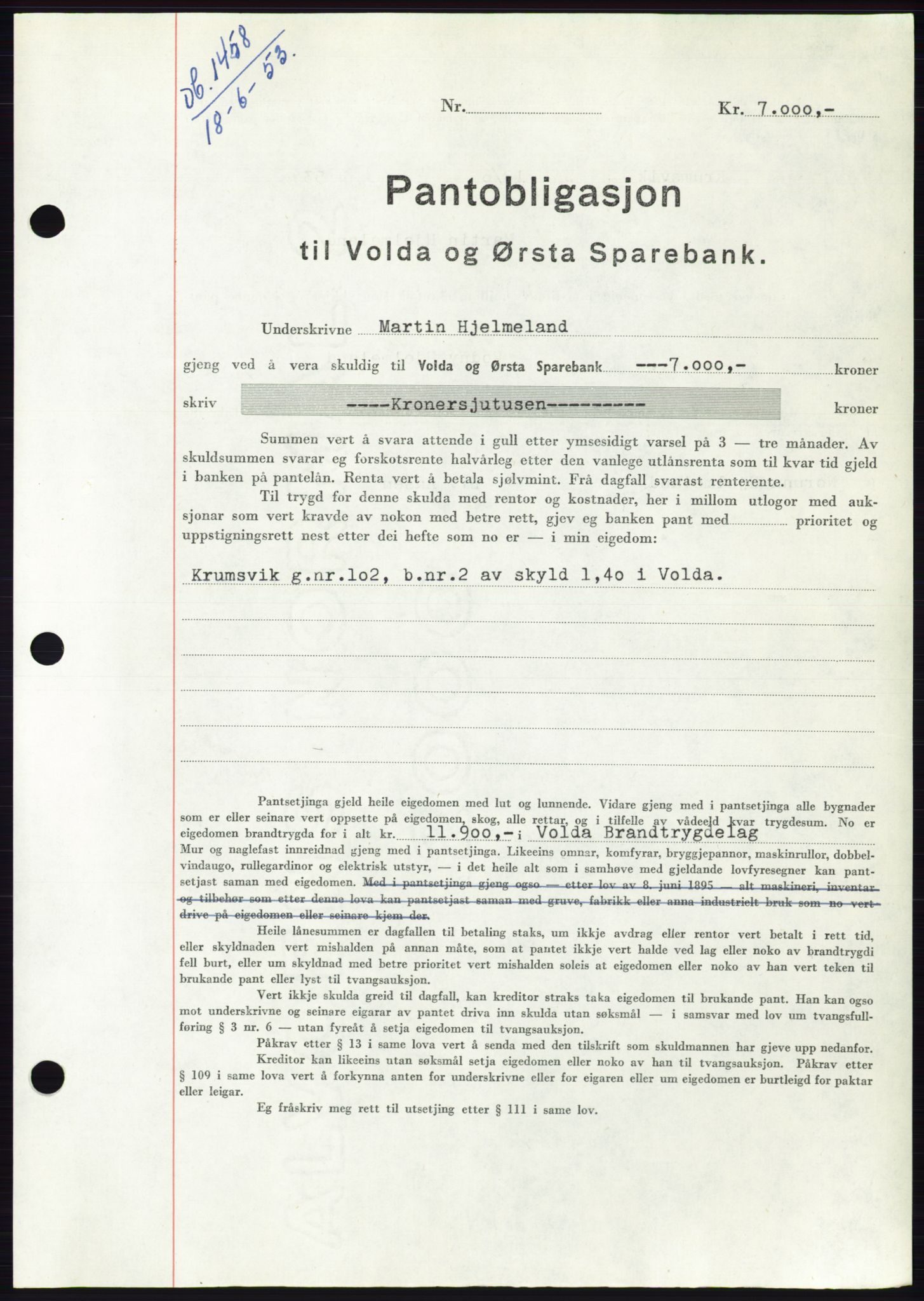 Søre Sunnmøre sorenskriveri, AV/SAT-A-4122/1/2/2C/L0123: Mortgage book no. 11B, 1953-1953, Diary no: : 1458/1953