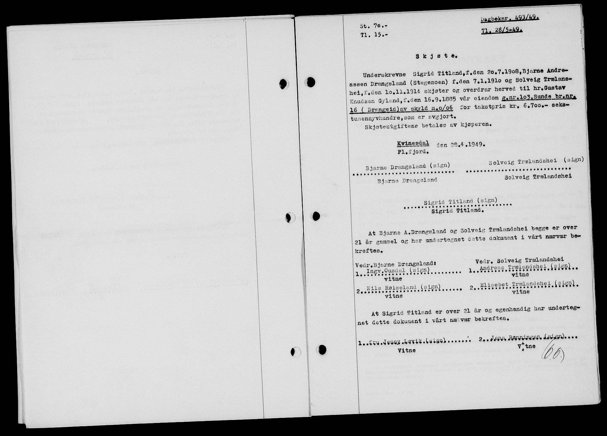 Flekkefjord sorenskriveri, SAK/1221-0001/G/Gb/Gba/L0065: Mortgage book no. A-13, 1949-1949, Diary no: : 493/1949