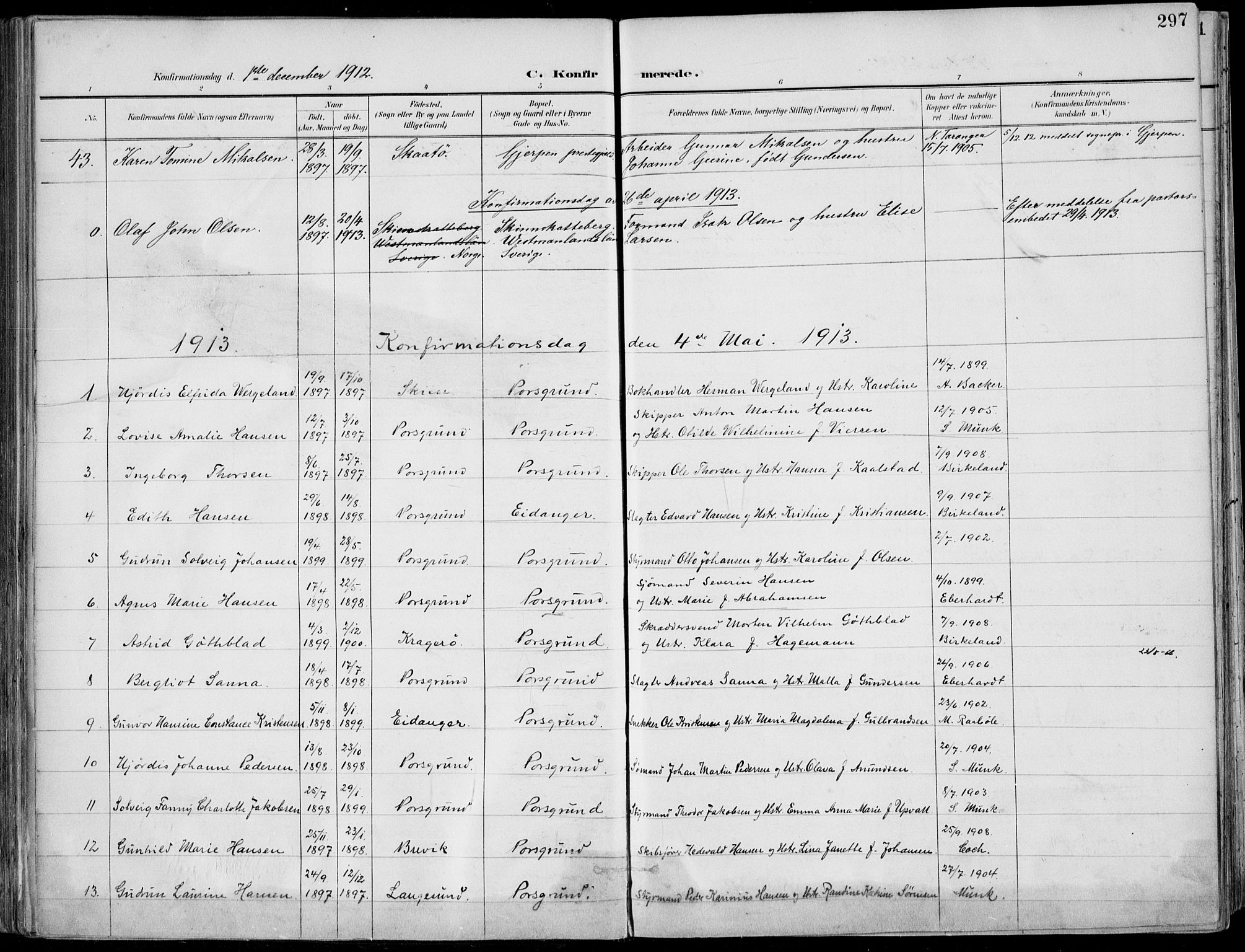 Porsgrunn kirkebøker , SAKO/A-104/F/Fa/L0011: Parish register (official) no. 11, 1895-1919, p. 297